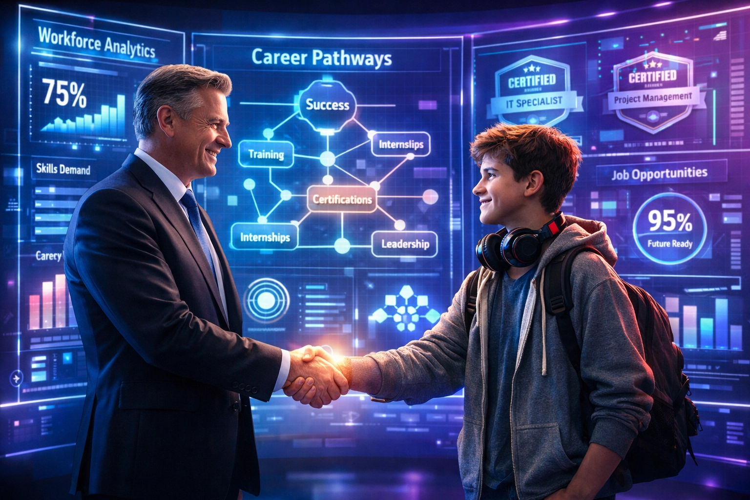 Fortune 500 executive and student shaking hands representing esports workforce partnership