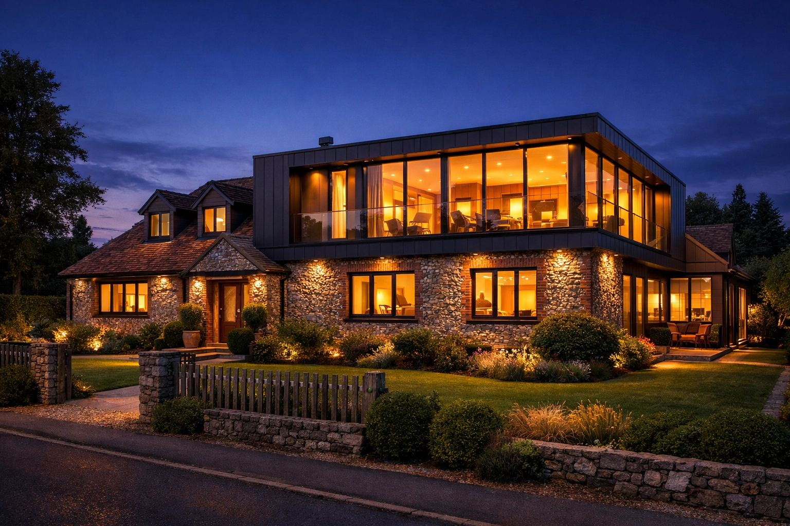 Modern West Sussex bungalow transformation with a second floor addition and large glass windows.