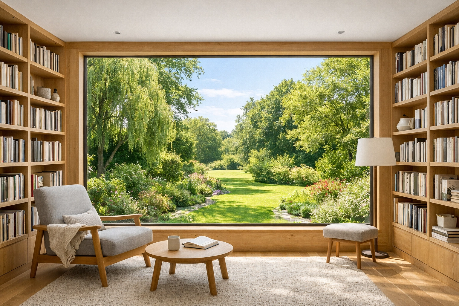 Cost-effective fixed secondary glazing installed on a large picture window in a bright home library.