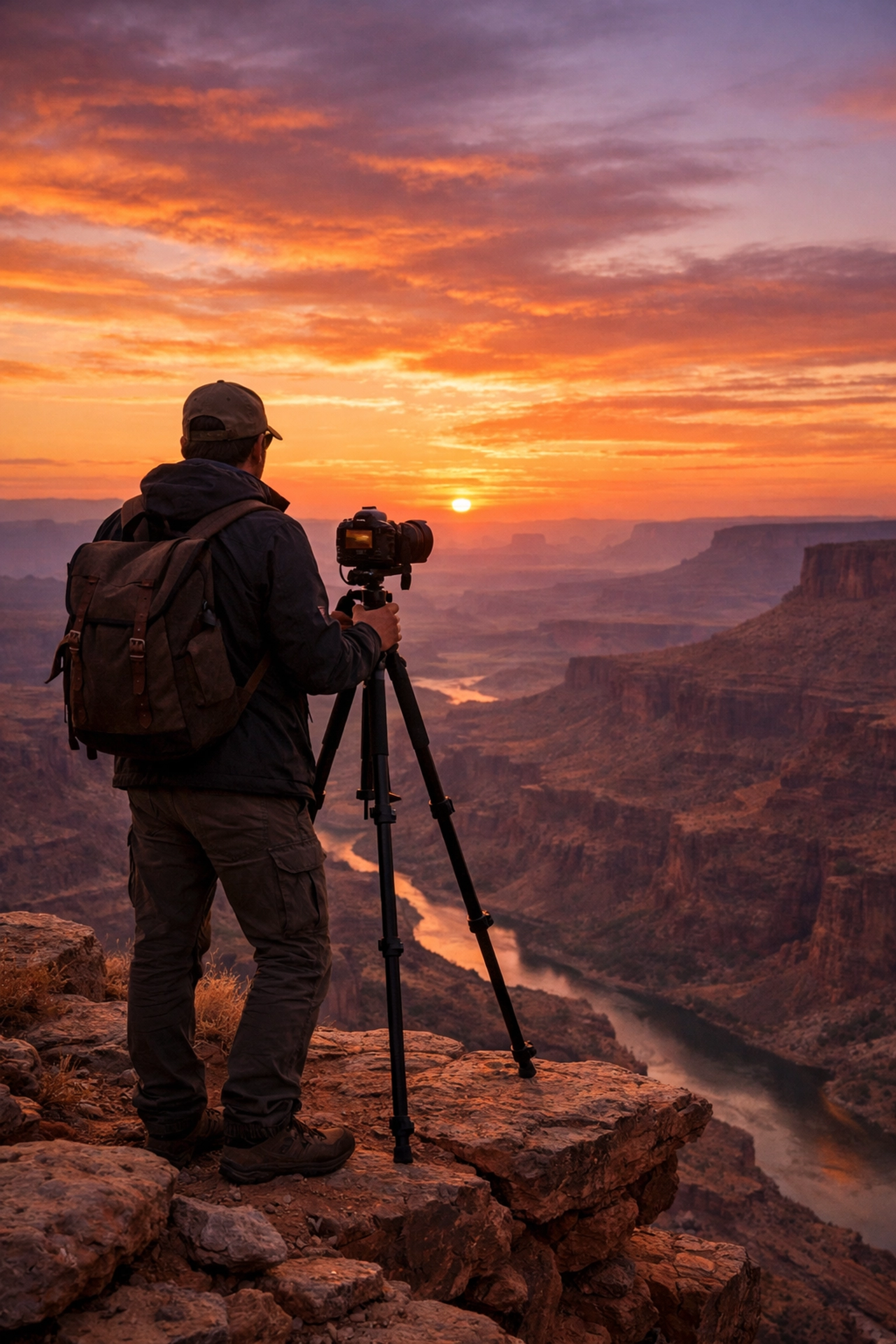 A photographer capturing the sunset at a canyon, practicing travel photography tips at iconic spots.