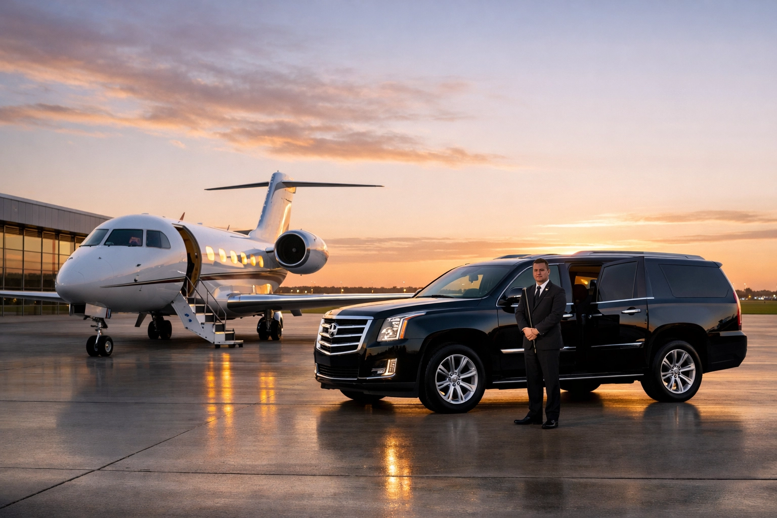 Elite VIP corporate travel logistics including a private jet and luxury vehicle for executive events.