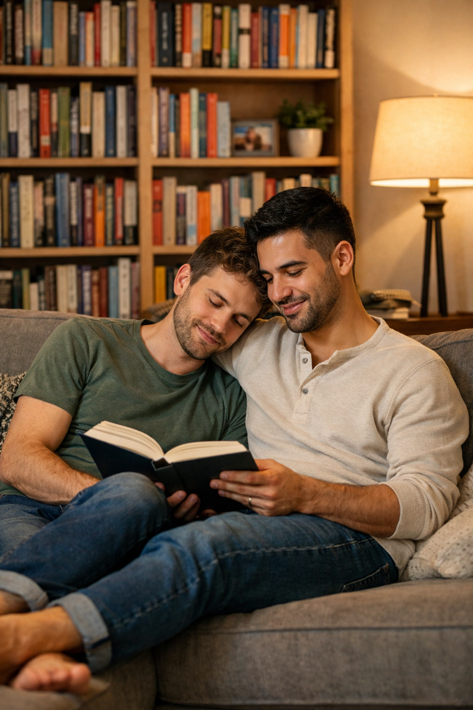 A happy gay couple cozying up on a sofa to read MM romance books in their newly organized home.