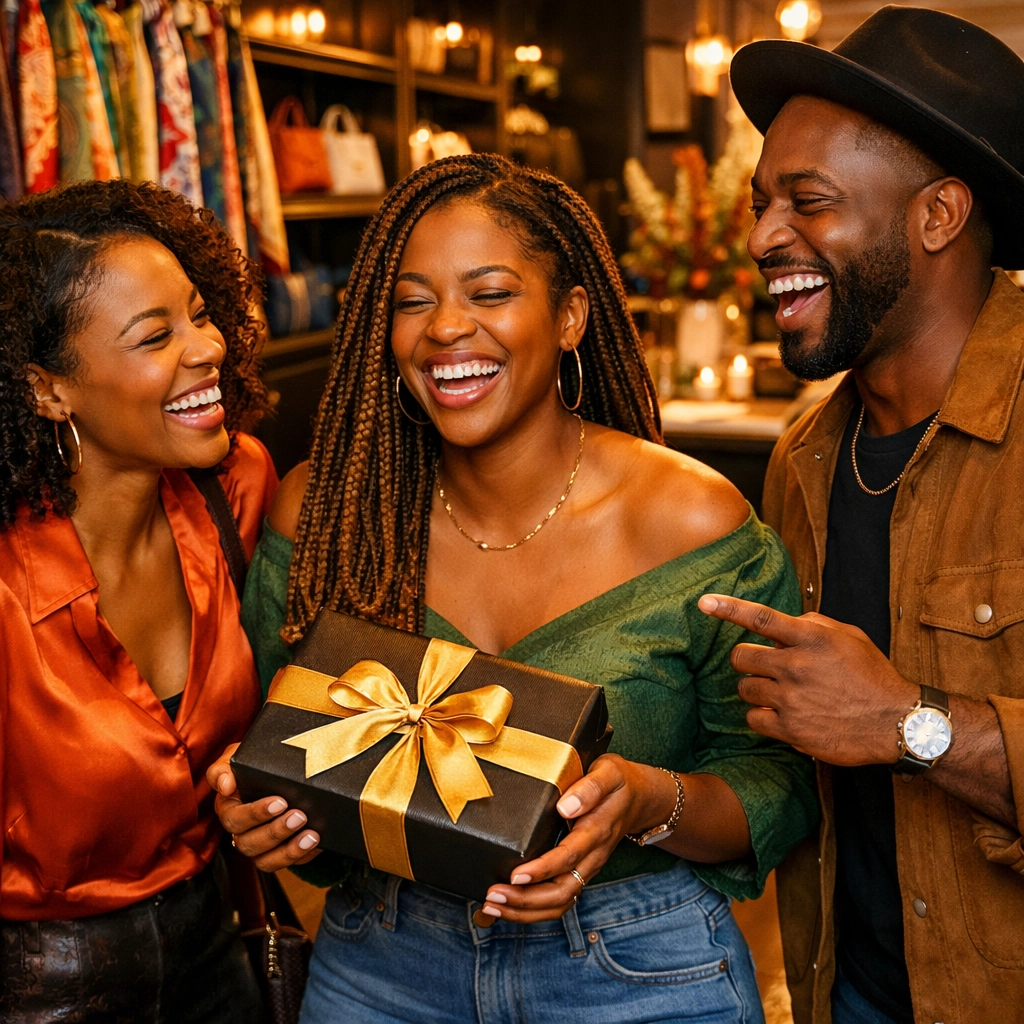 Group of Black friends celebrating community and shopping at a premium Black-owned boutique.