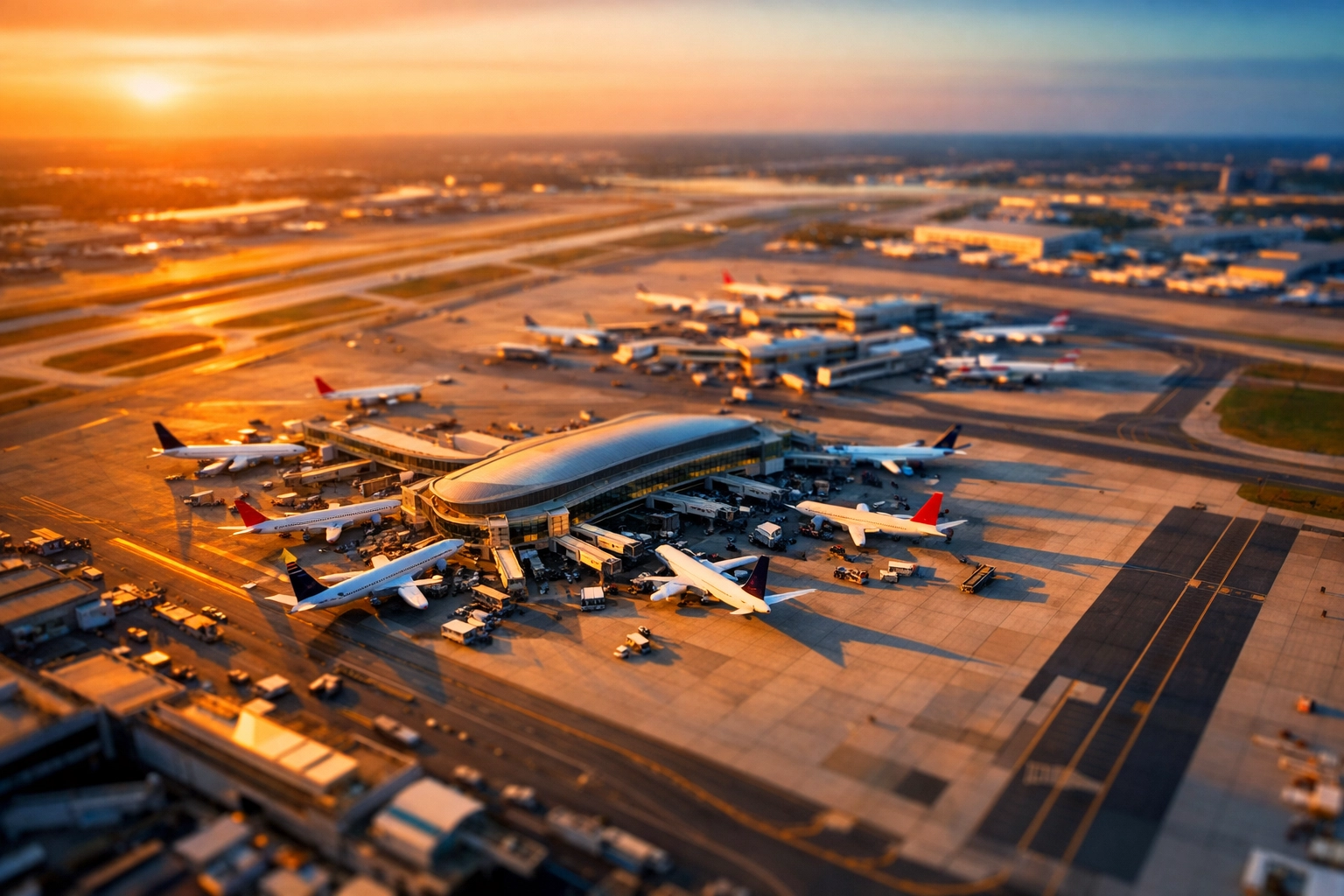 Aerial view of international airport terminals showing global connectivity for business travel