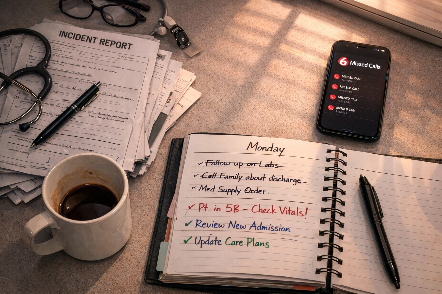 Director of Nursing desk with incident reports and urgent tasks during critical first 72 hours