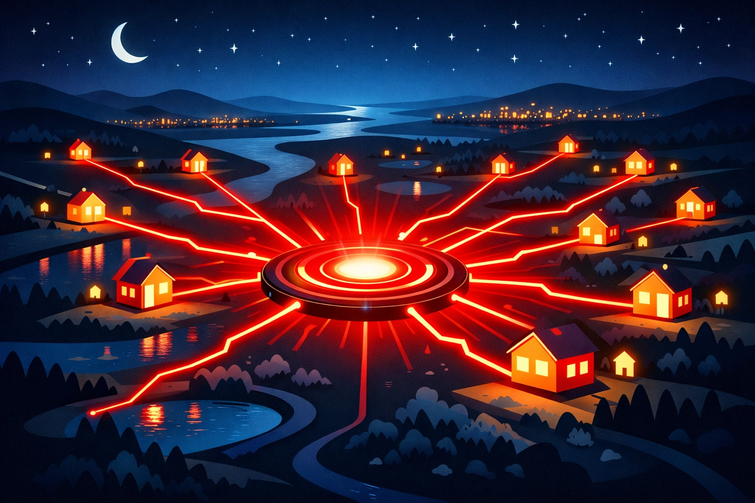 Digital marketing hub connecting a central website to local customer lead generation icons.