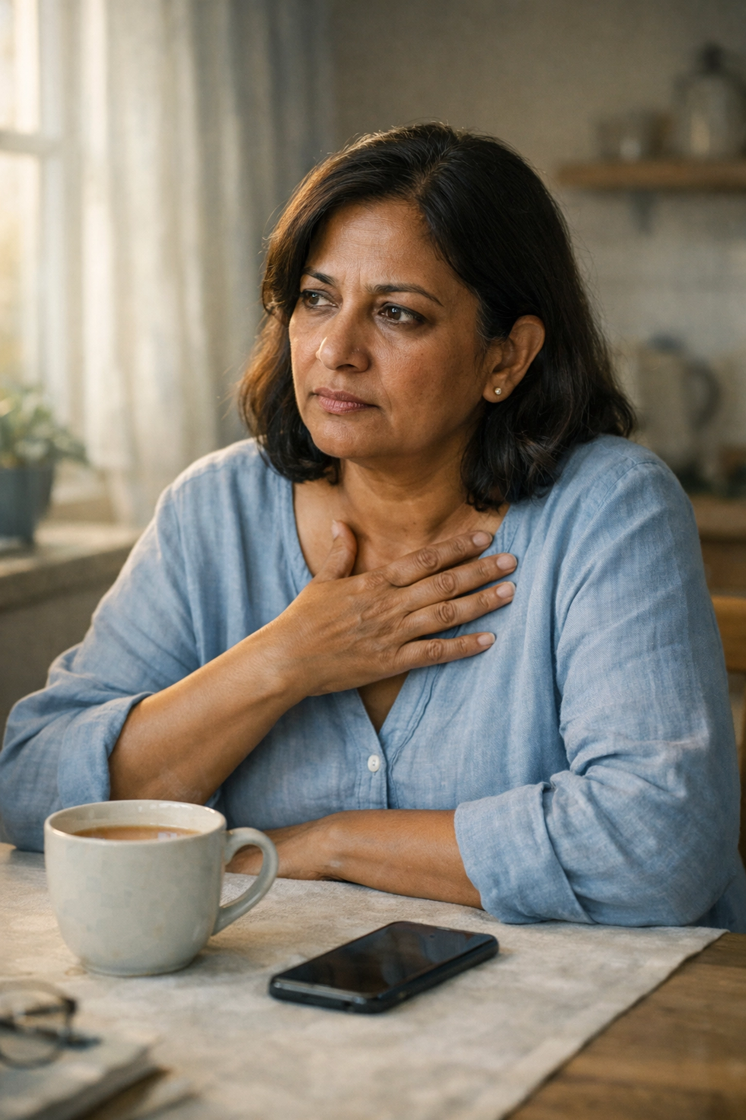 Woman experiencing silent respiratory symptoms at home, reflecting concern about persistent breathlessness