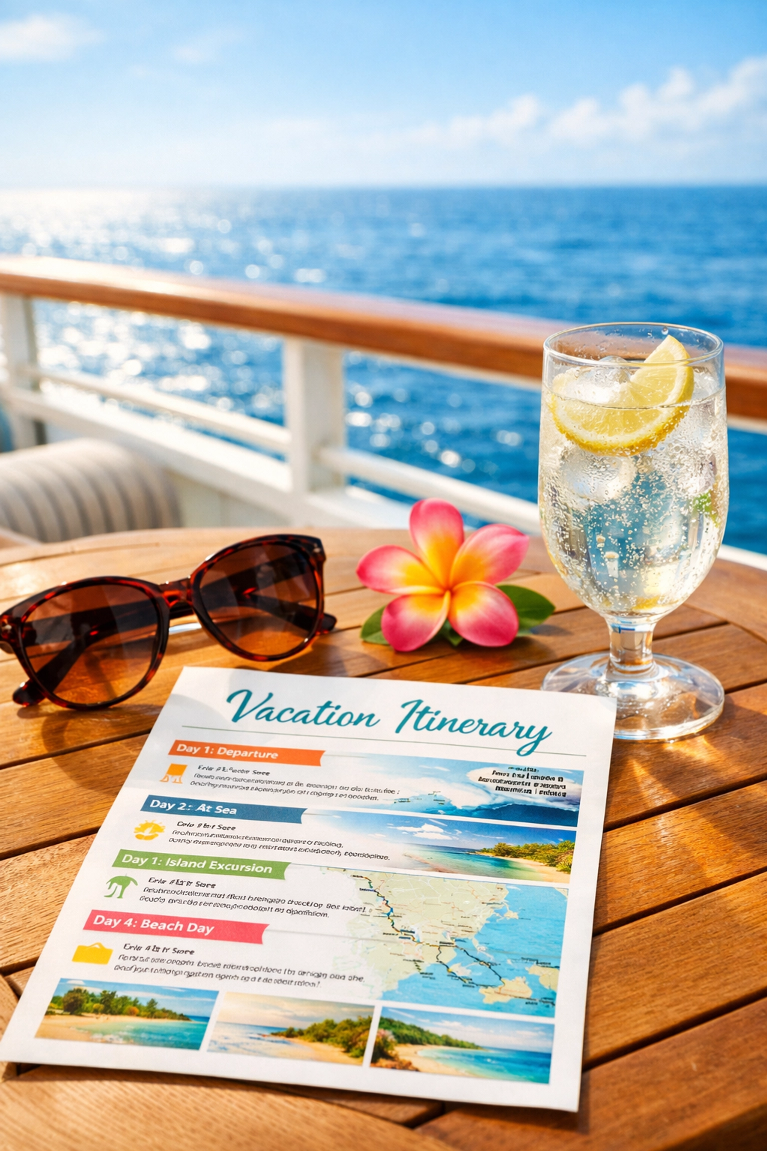 A personalized cruise travel itinerary and sunglasses on a balcony overlooking the sparkling ocean.