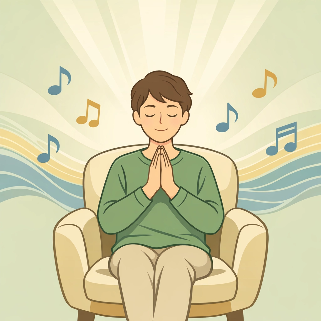 Person in prayer surrounded by musical notes while building a worship playlist