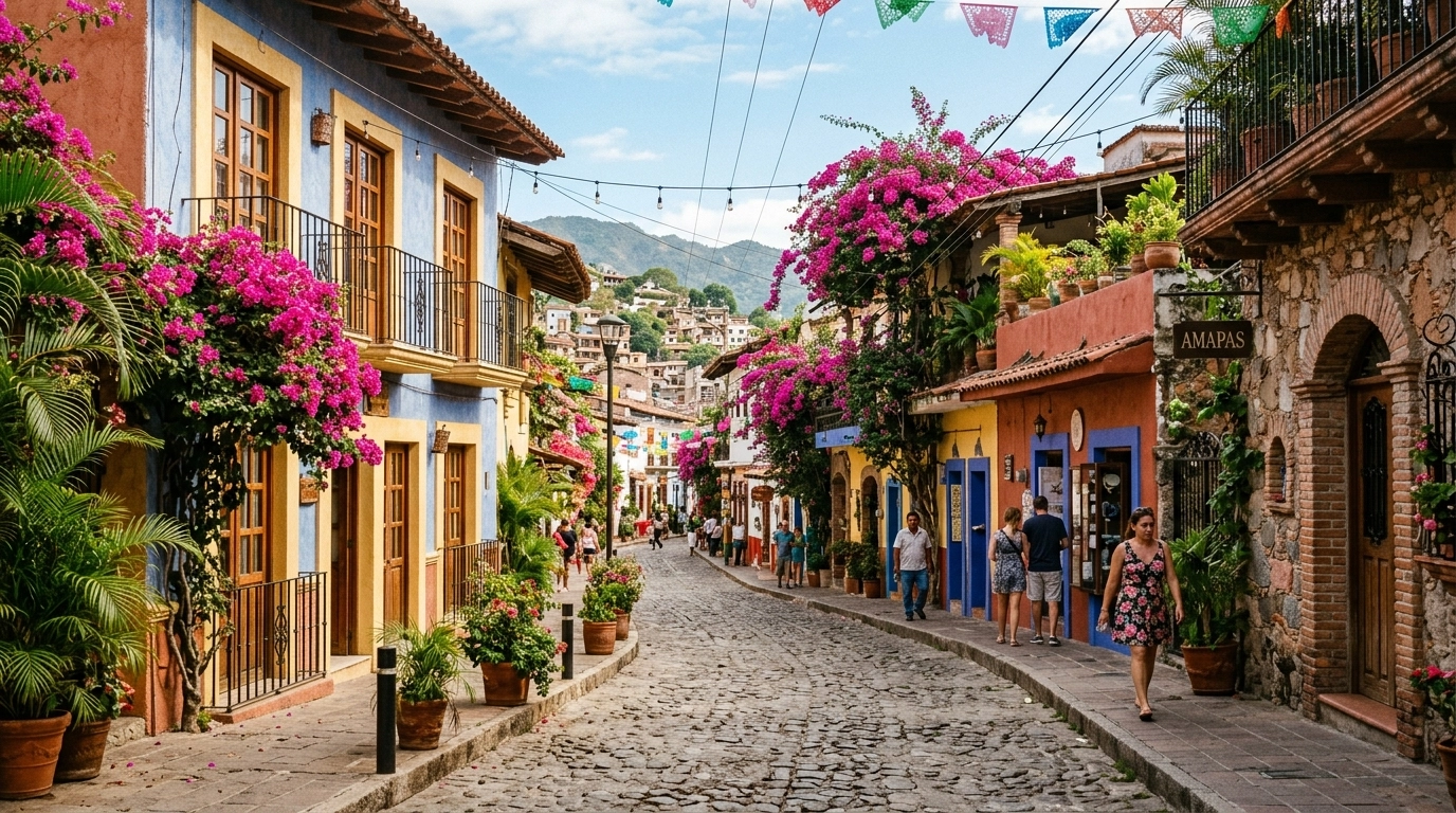 A vibrant and colorful street in the Amapas neighborhood with pink bougainvillea and traditional architecture
