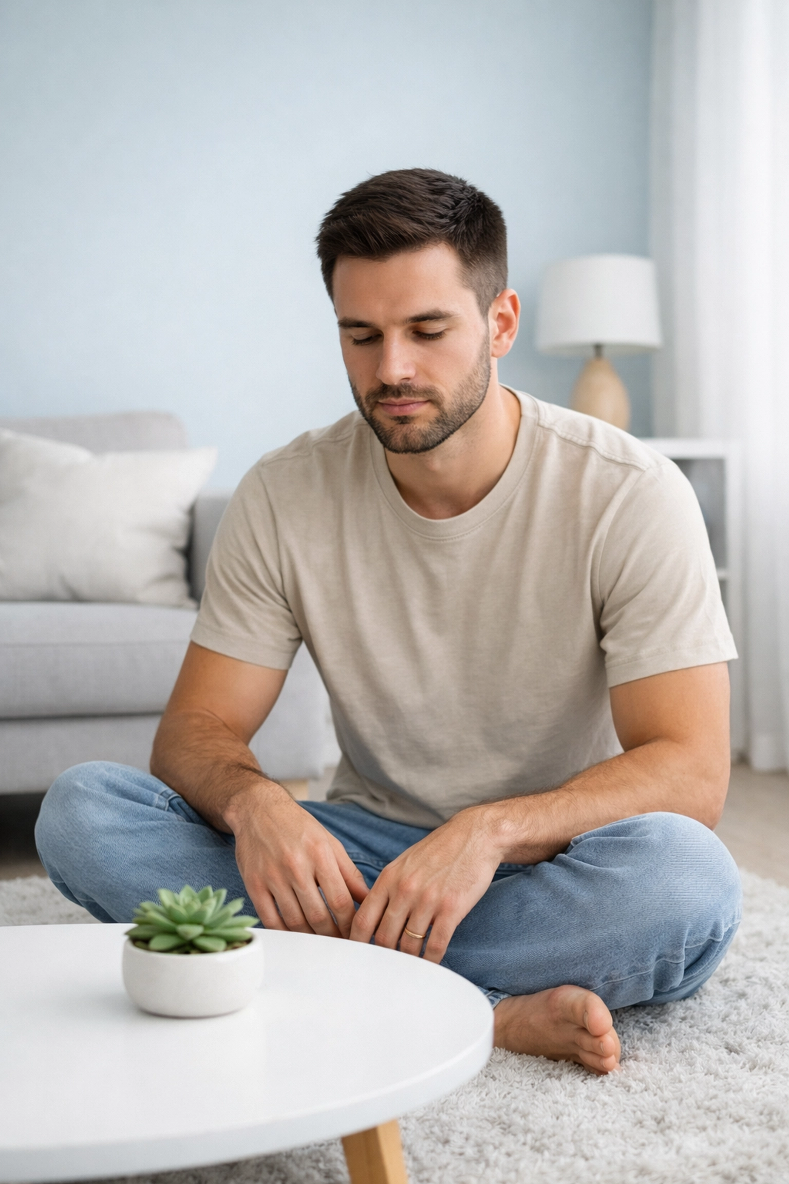A man practicing a DBT mindfulness grounding technique in a calm, modern living room setting.