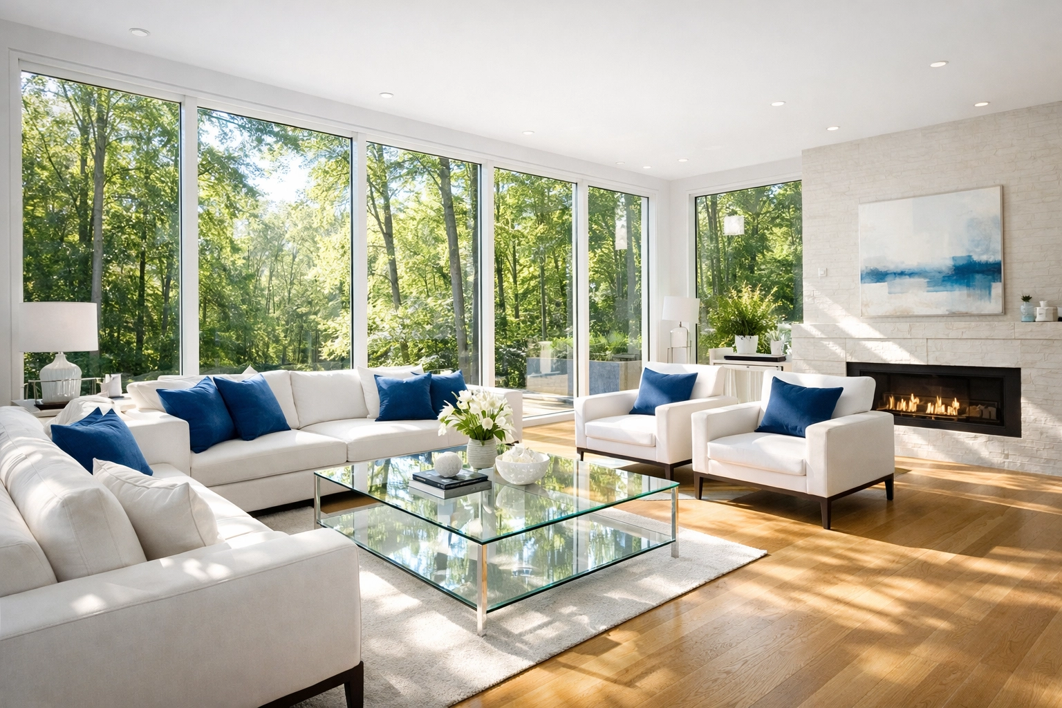 Sun-drenched Newton living room showcasing clean indoor air quality after an eco-friendly house cleaning.