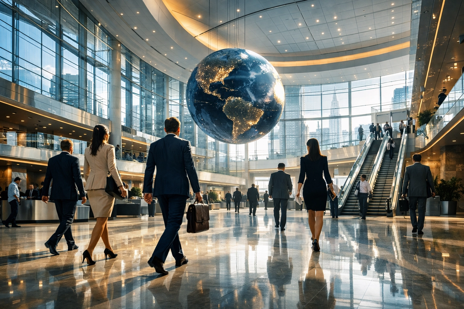 Professionals walking through a modern global headquarters representing corporate leadership and growth.