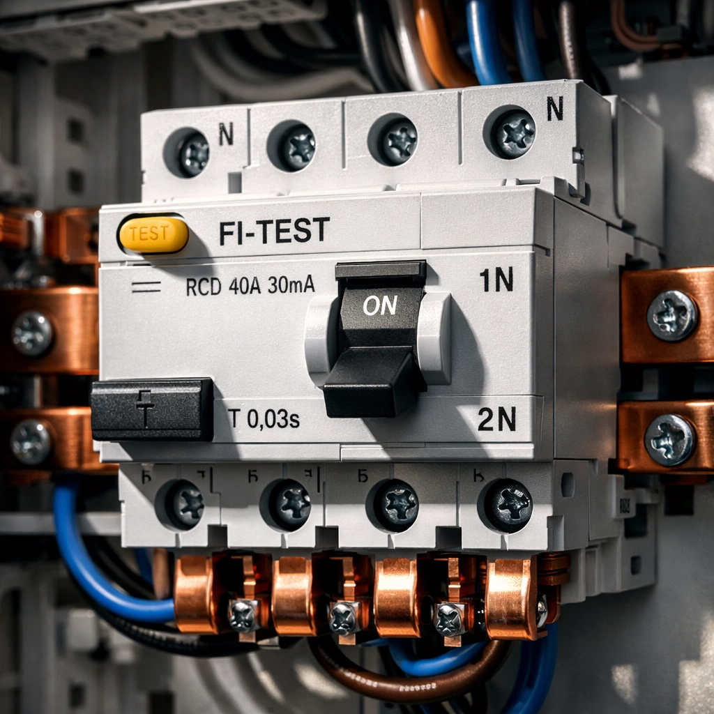Moderner FI-Schalter in Elektroverteilung für sichere Elektroinstallation Wien