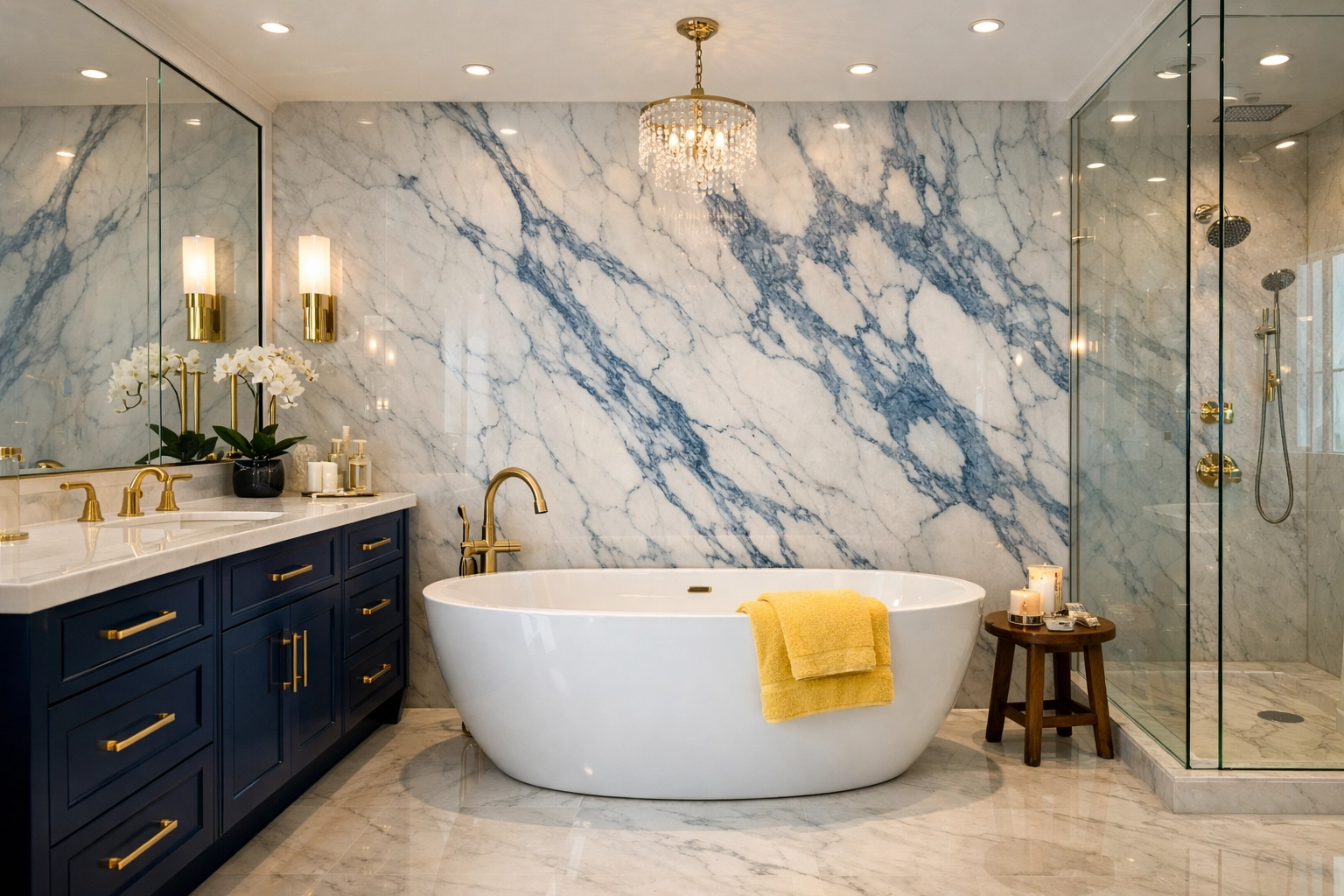 Streak-free luxury master bathroom with marble walls, reflecting expert residential cleaning Massachusetts results.