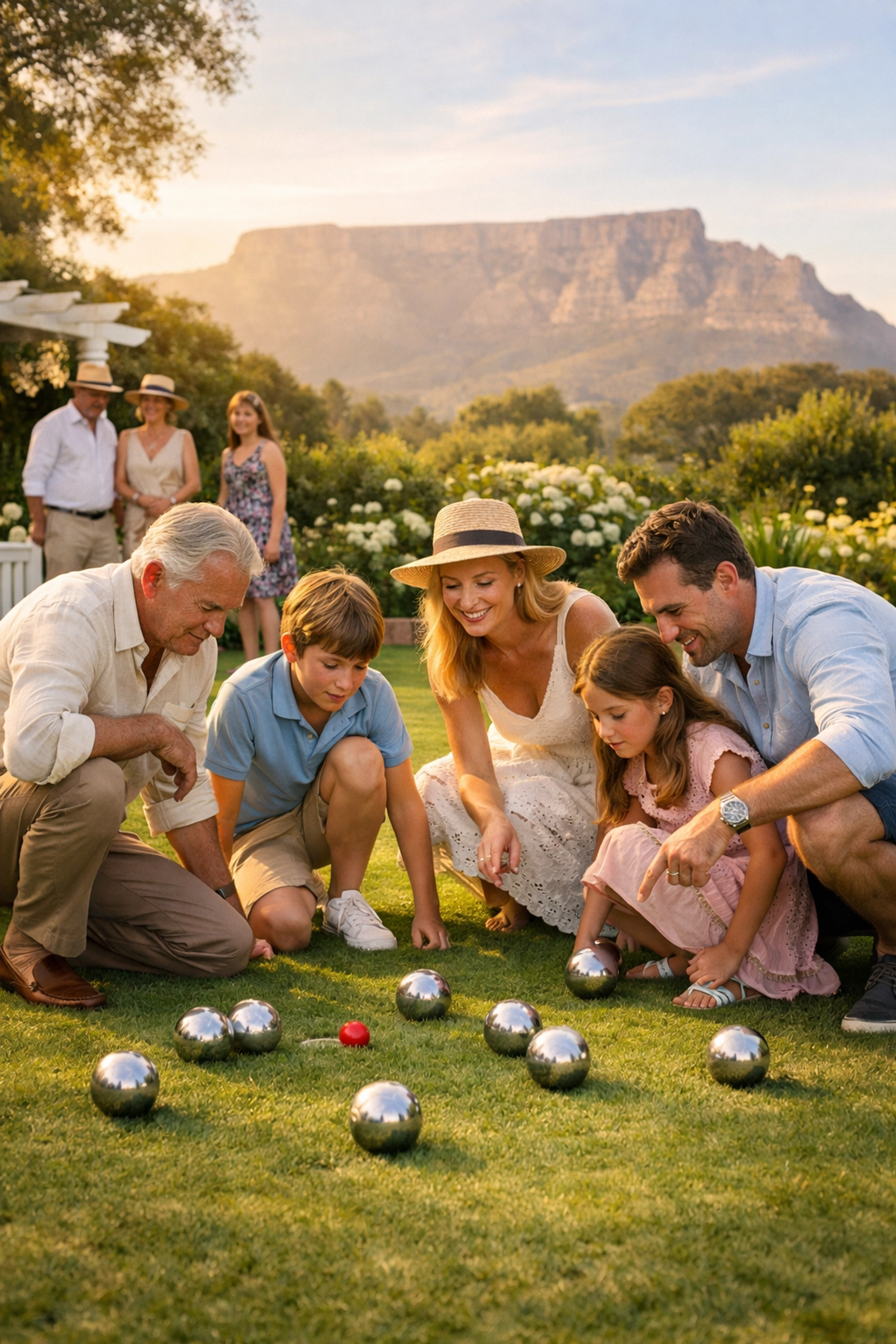 Adults and children playing Boules lawn game at Cape Town garden party