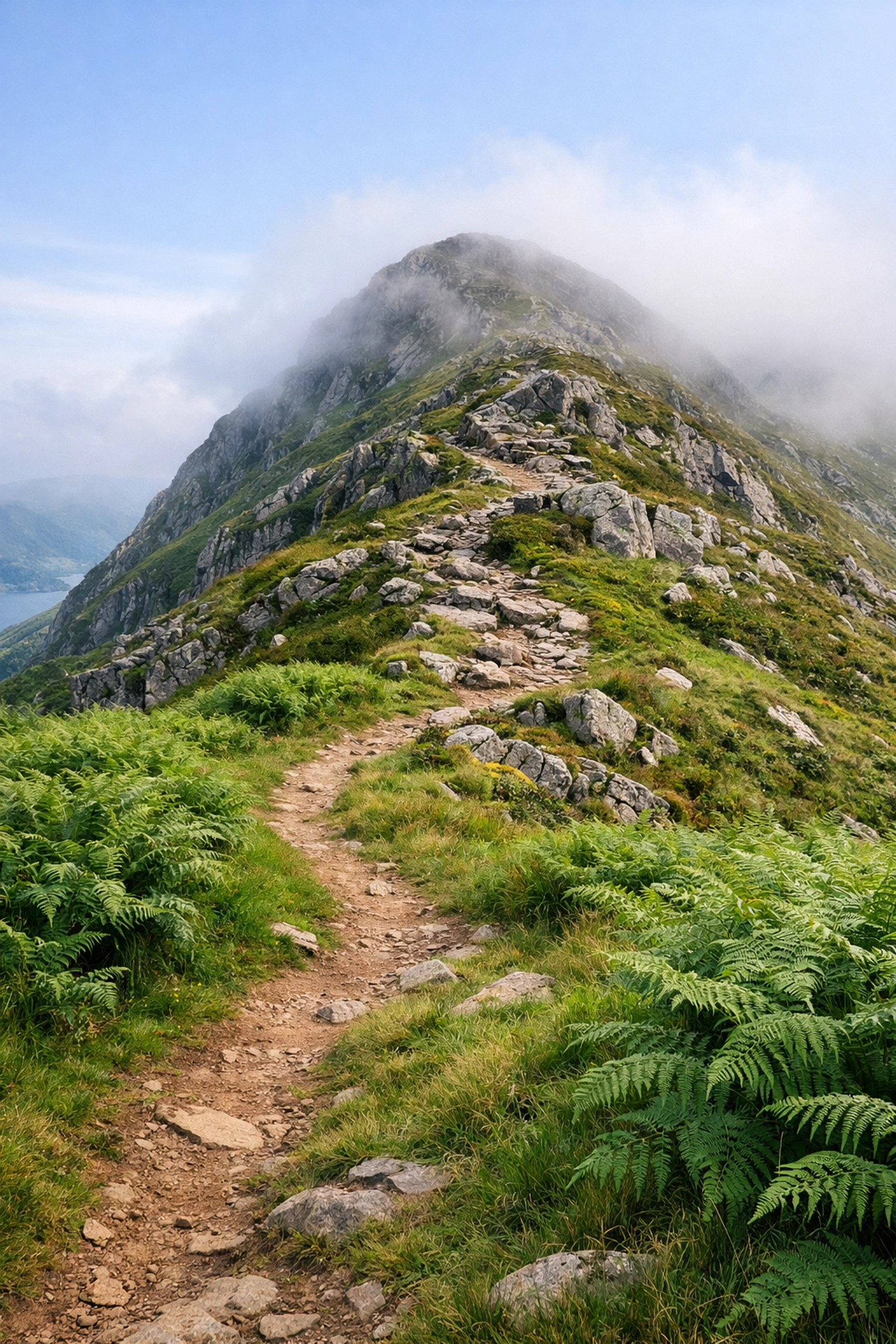 A winding mountain hiking trail in the Lake District transitioning from grassy paths to steep rocky ascents.