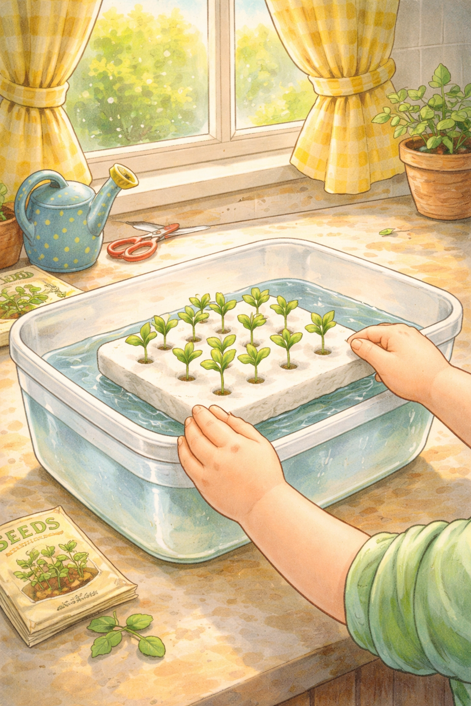 Child's hands placing a foam raft with seedlings into a water-filled bin, illustrating step-by-step floating raft garden assembly.