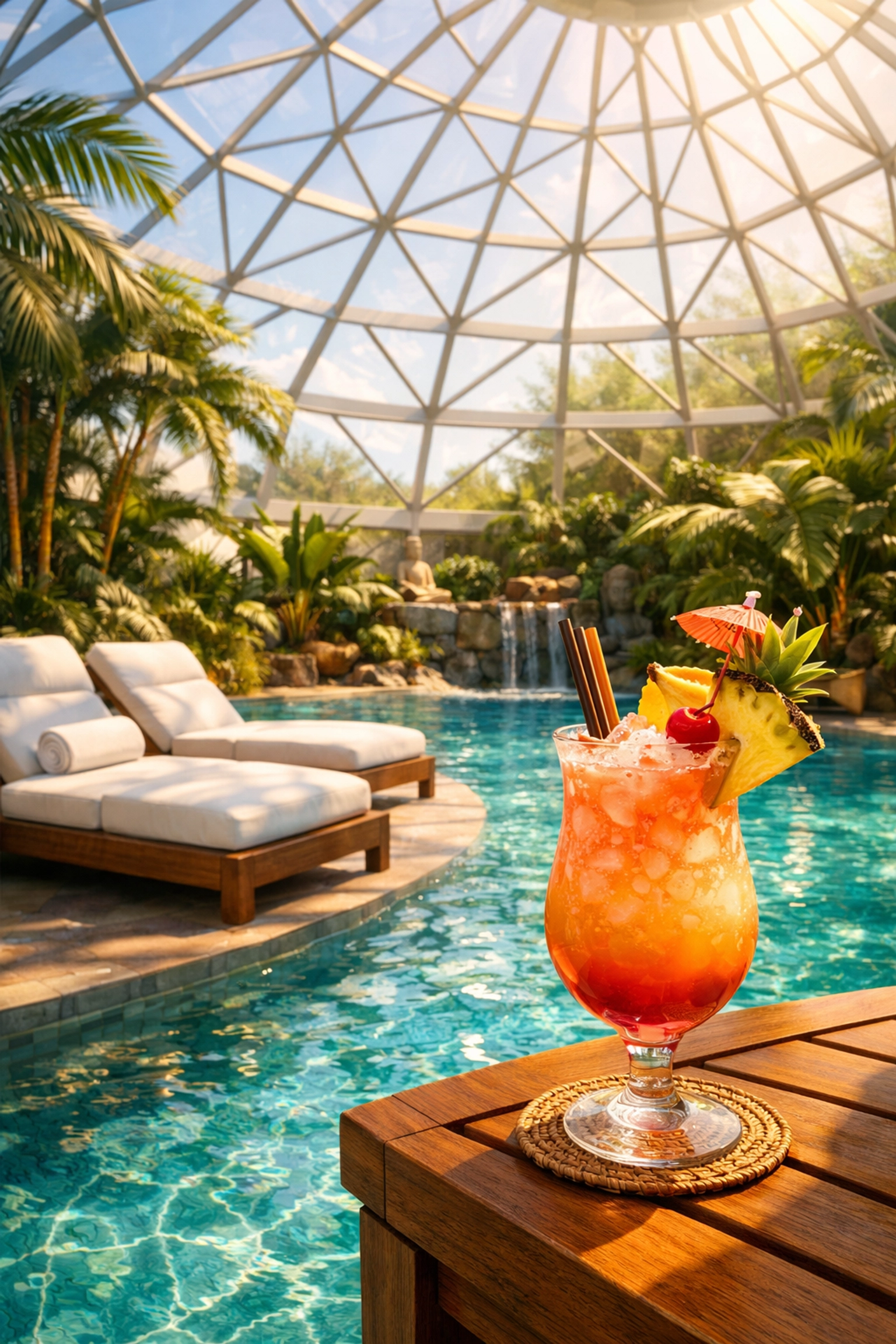 A serene glass-domed Solarium pool area offering a kid-free escape on a 2026 luxury cruise.