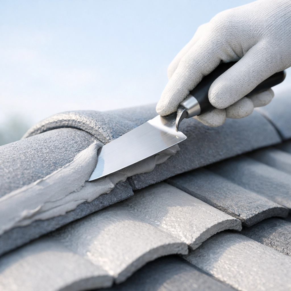Professional roof re-pointing using flexible compound on ridge capping for a durable seal.