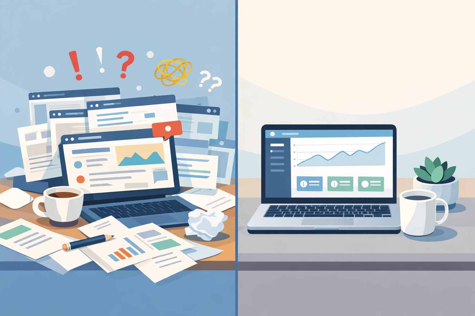 Comparison of cluttered vs organized workspace for launching a digital store quickly