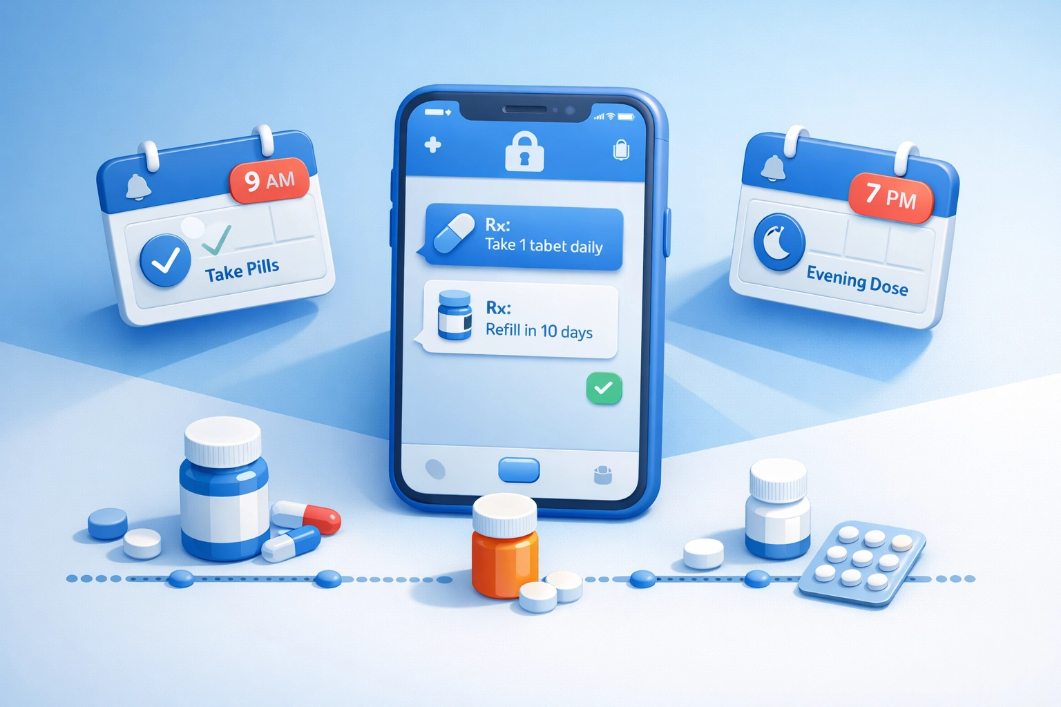 Smartphone showing prescription refill reminders and medication tracking with online doctor messaging