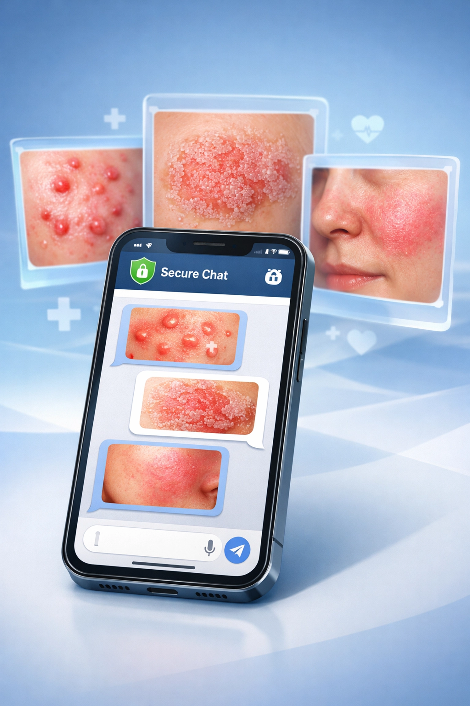 Text-based dermatology consultation displaying acne, eczema, and rosacea treatment photos