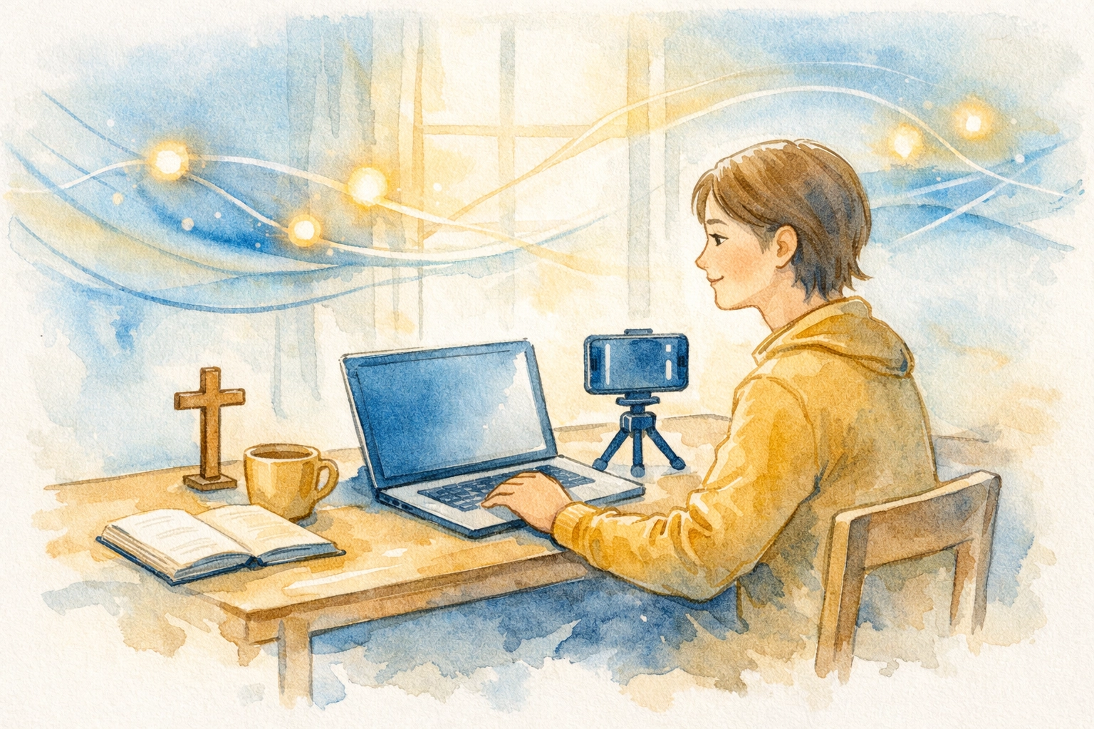 Christian content creator filming digital discipleship content at desk with laptop and smartphone