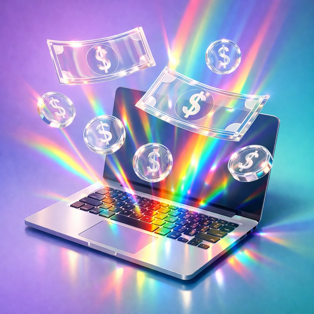Transparent currency with rainbow light showing clear transaction fees for LGBTQ+ authors