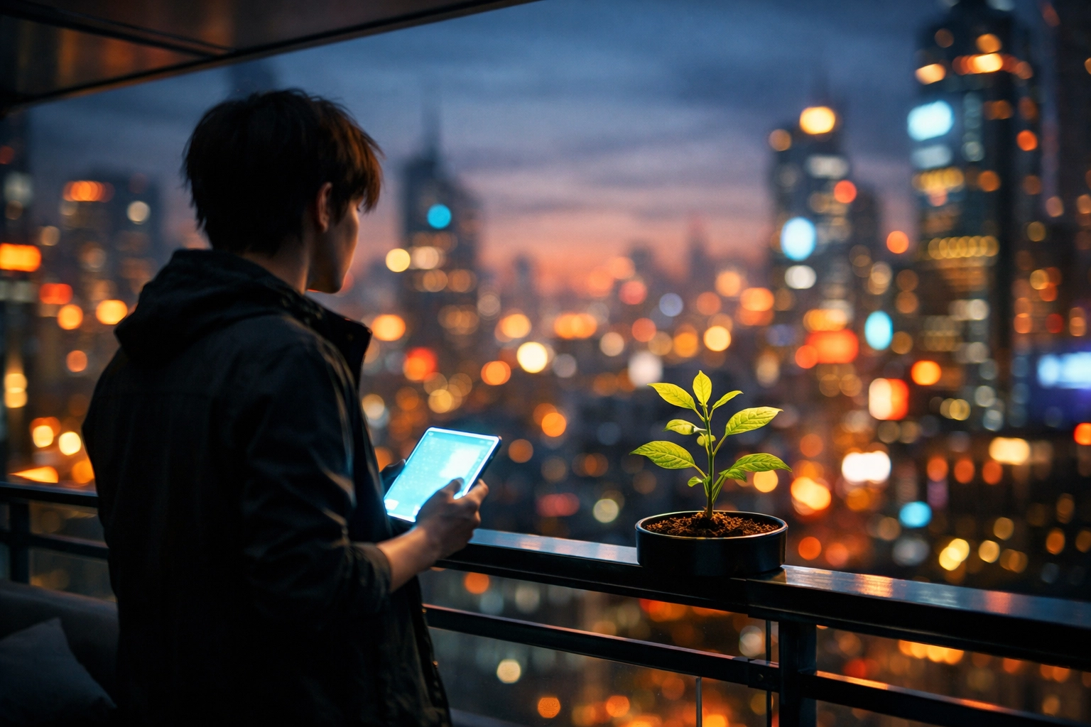 A person choosing to nurture a green plant over a digital tablet in a futuristic city.