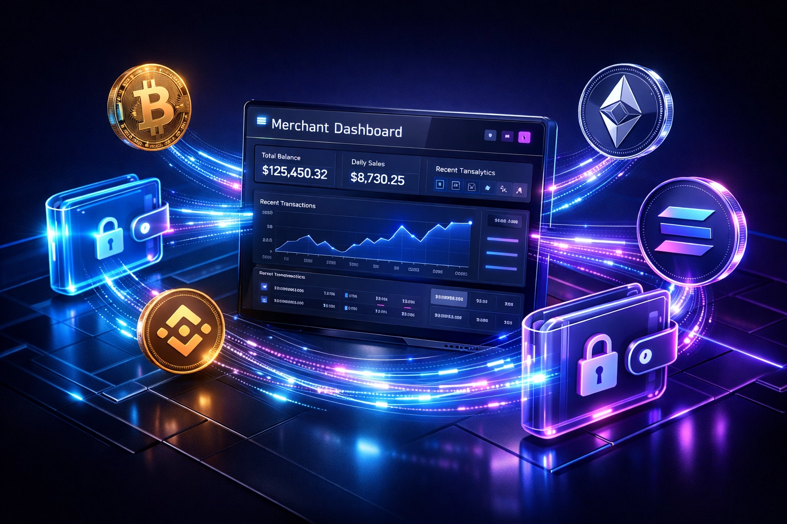 Self-custody merchant dashboard with cryptocurrency wallets and payment data streams