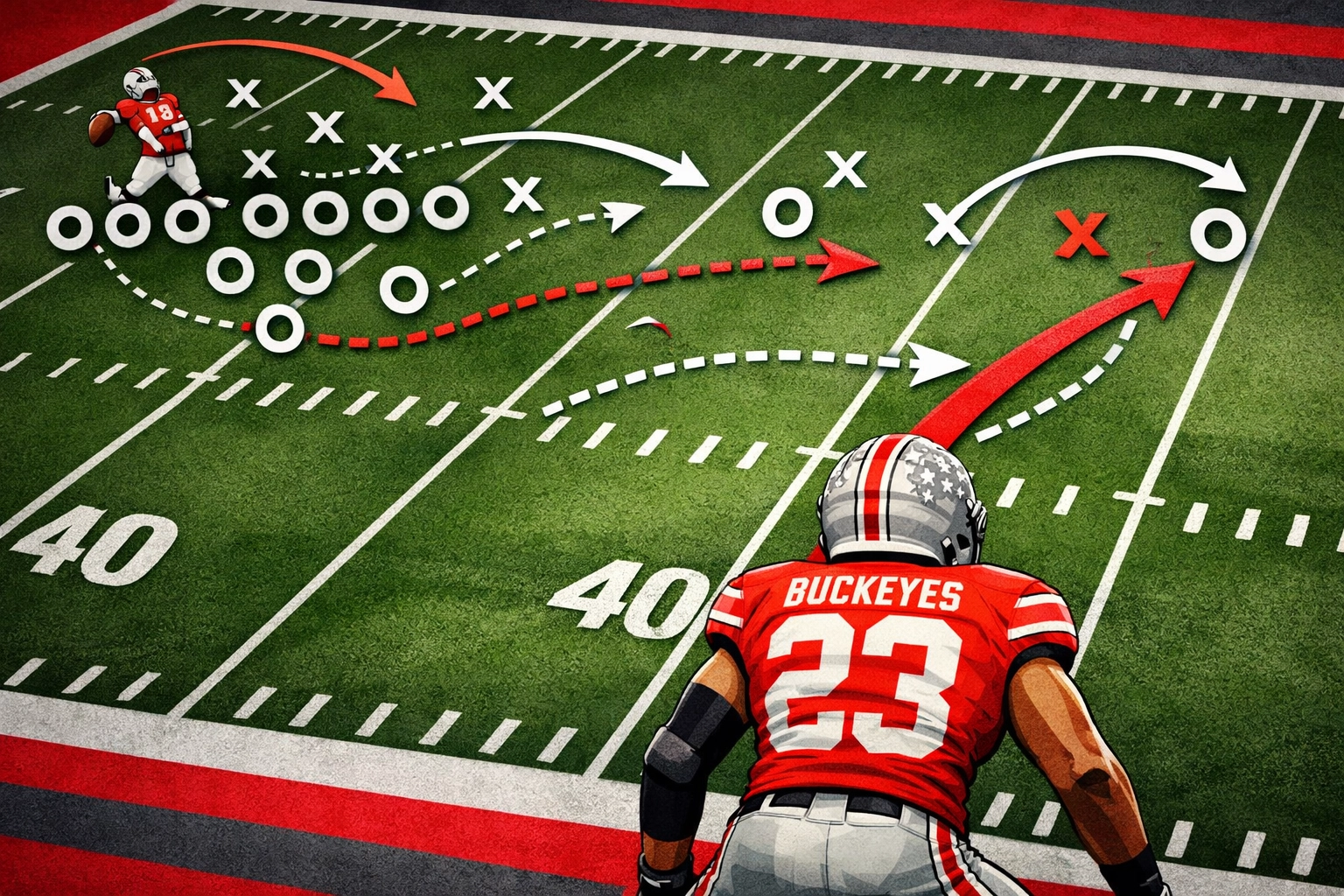 Football field diagram showing Ohio State cornerback reading quarterback's eyes and play development