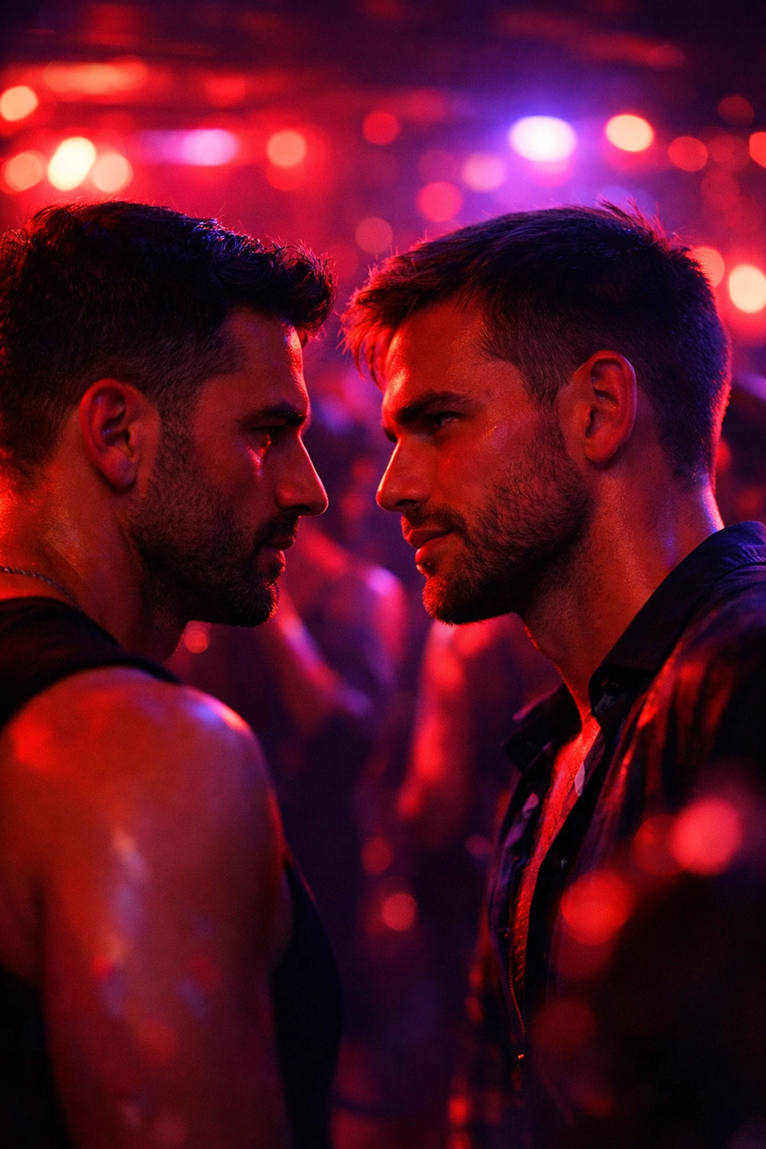 Two gay men making eye contact across neon-lit cruising bar dance floor
