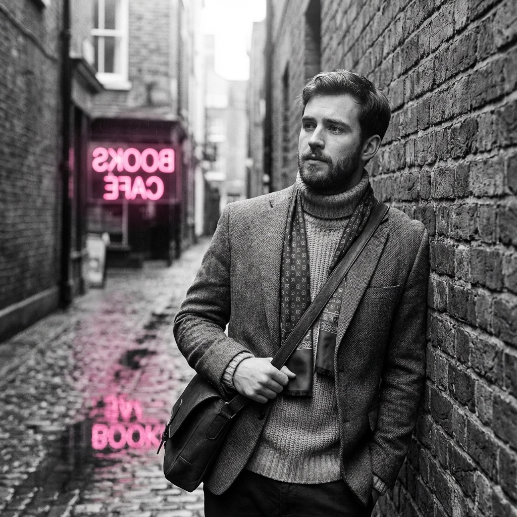 Brown man in vintage blazer and turtleneck with satchel, showcasing urban poet-core street fashion style