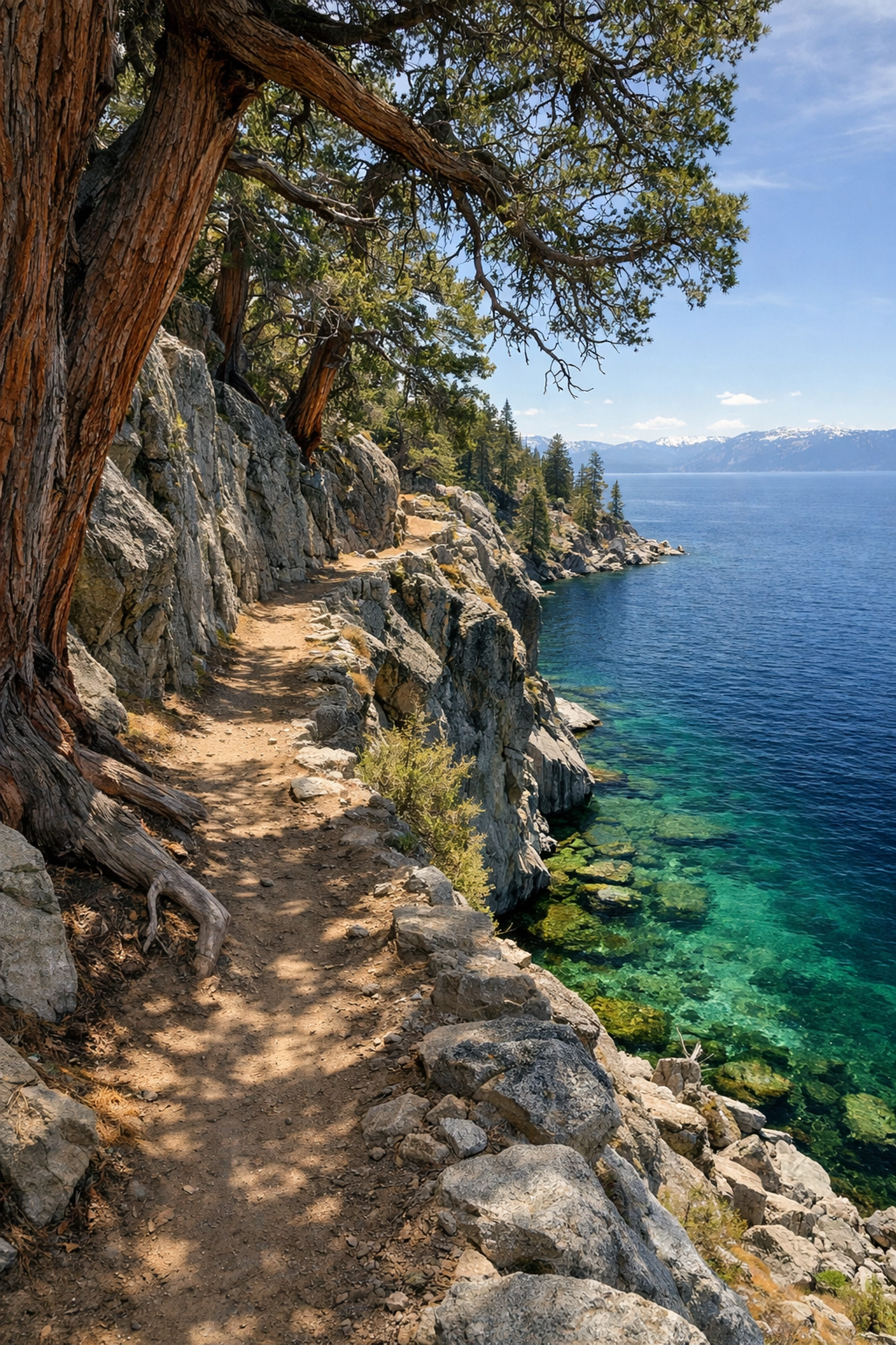 The Rubicon Trail at D.L. Bliss State Park overlooking the turquoise shoreline of Lake Tahoe.