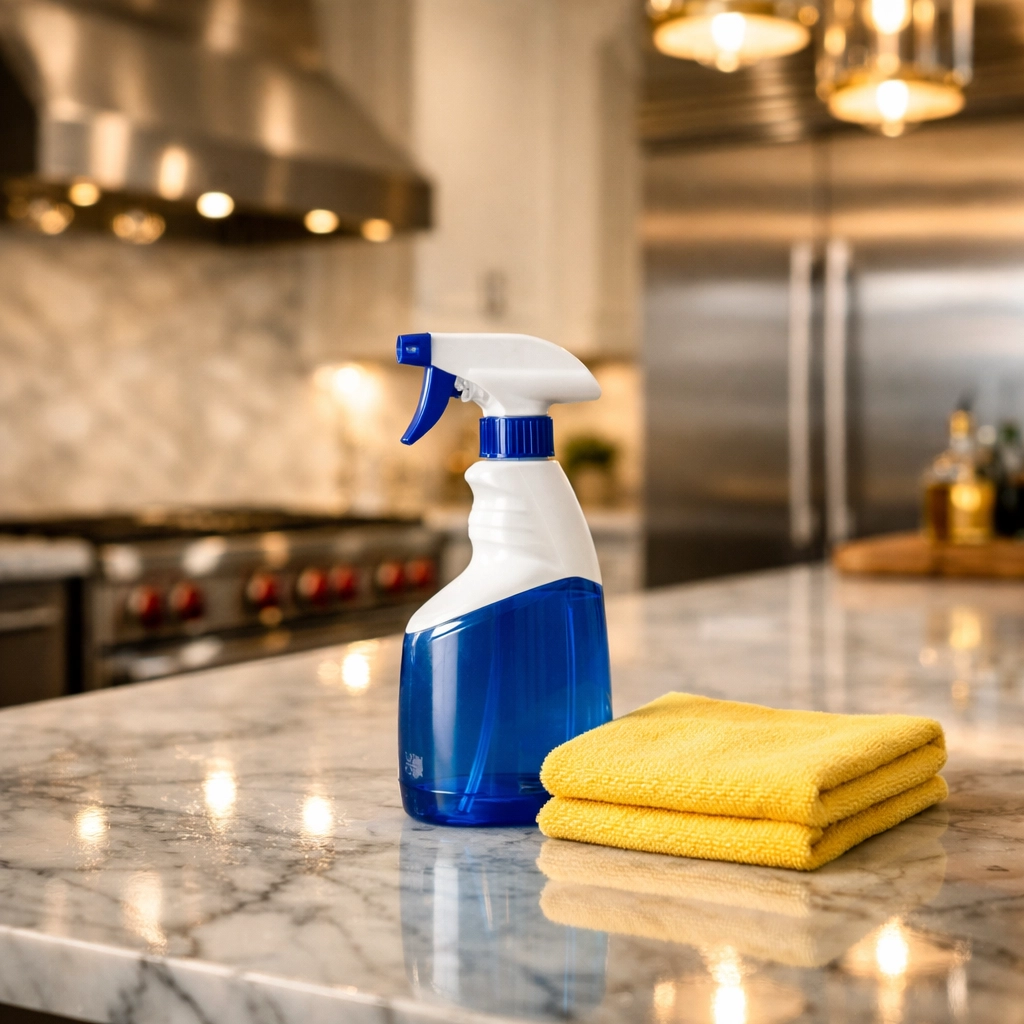 Deep cleaning Worcester results in a spotless luxury kitchen with marble countertops and appliances.
