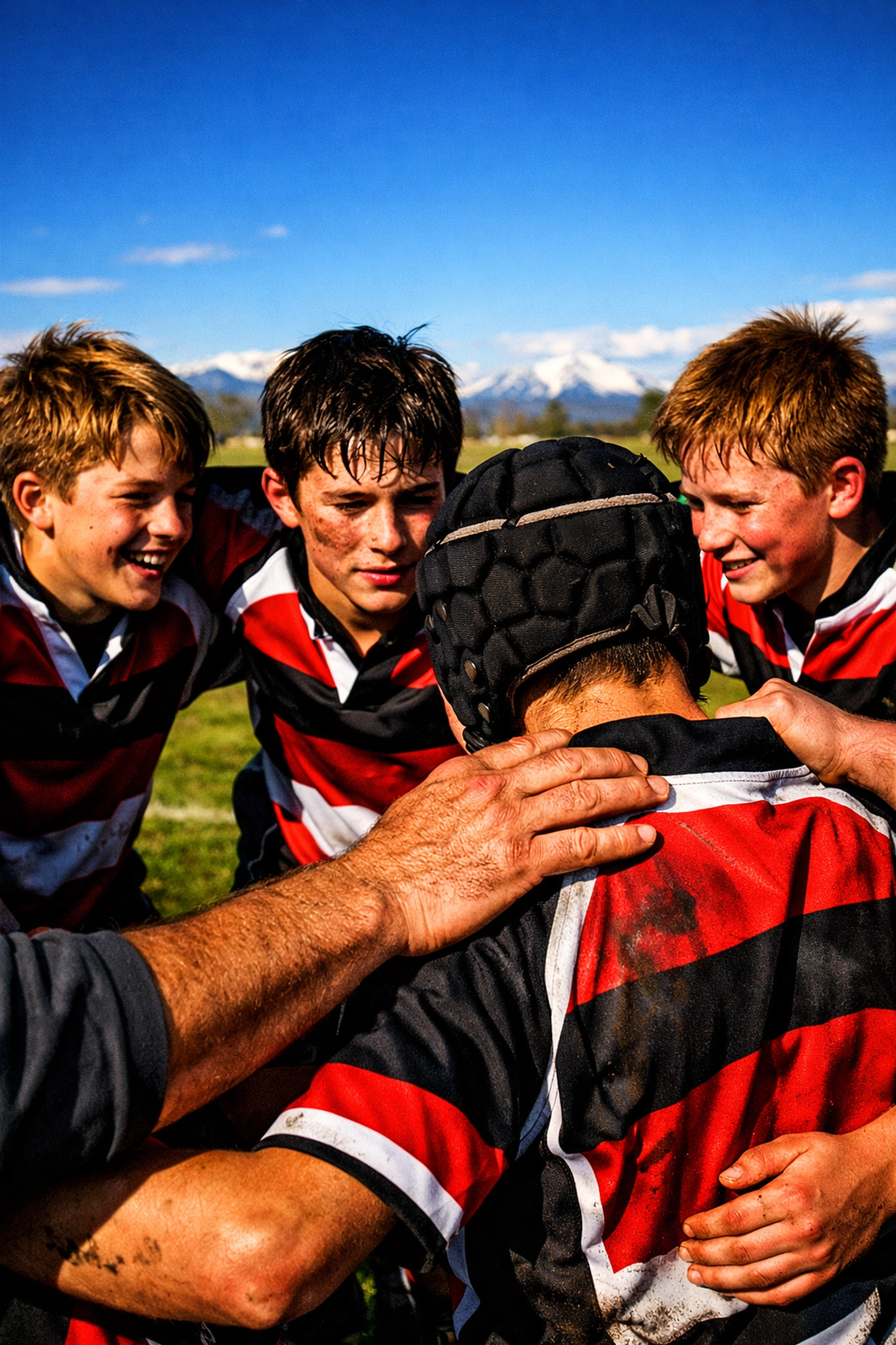 Youth rugby players huddling together with their coach to build team camaraderie and resilience.