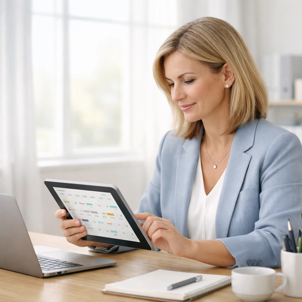 HR manager proactively planning a 2026 employee benefits renewal schedule in a modern office.