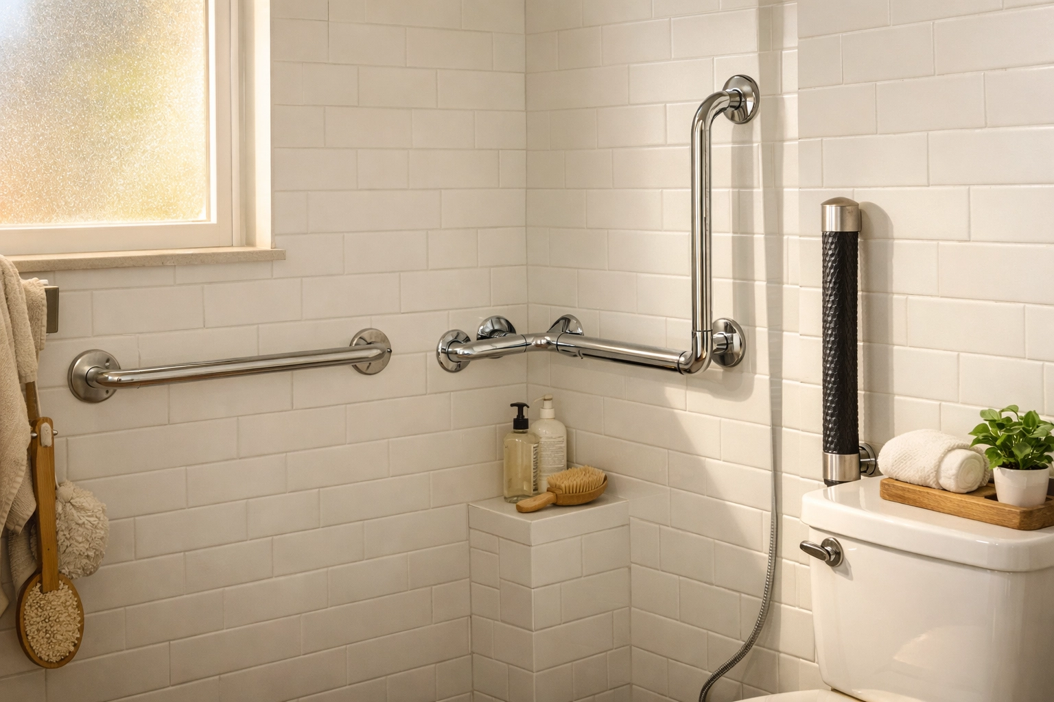 Different types of bathroom safety rails including straight, L-shaped, and textured grab bars