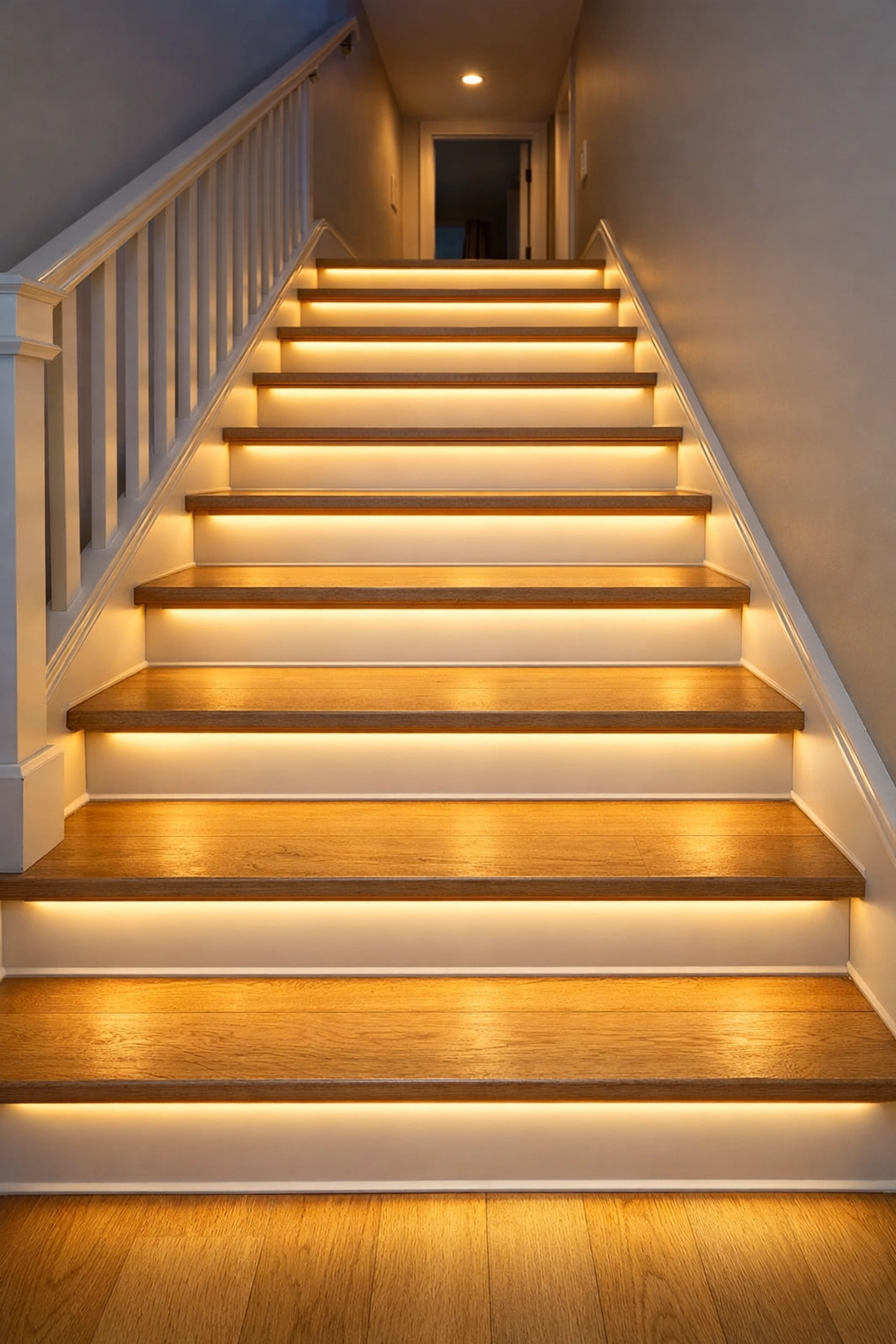 Staircase with LED task lighting along the baseboards to improve step visibility at night.