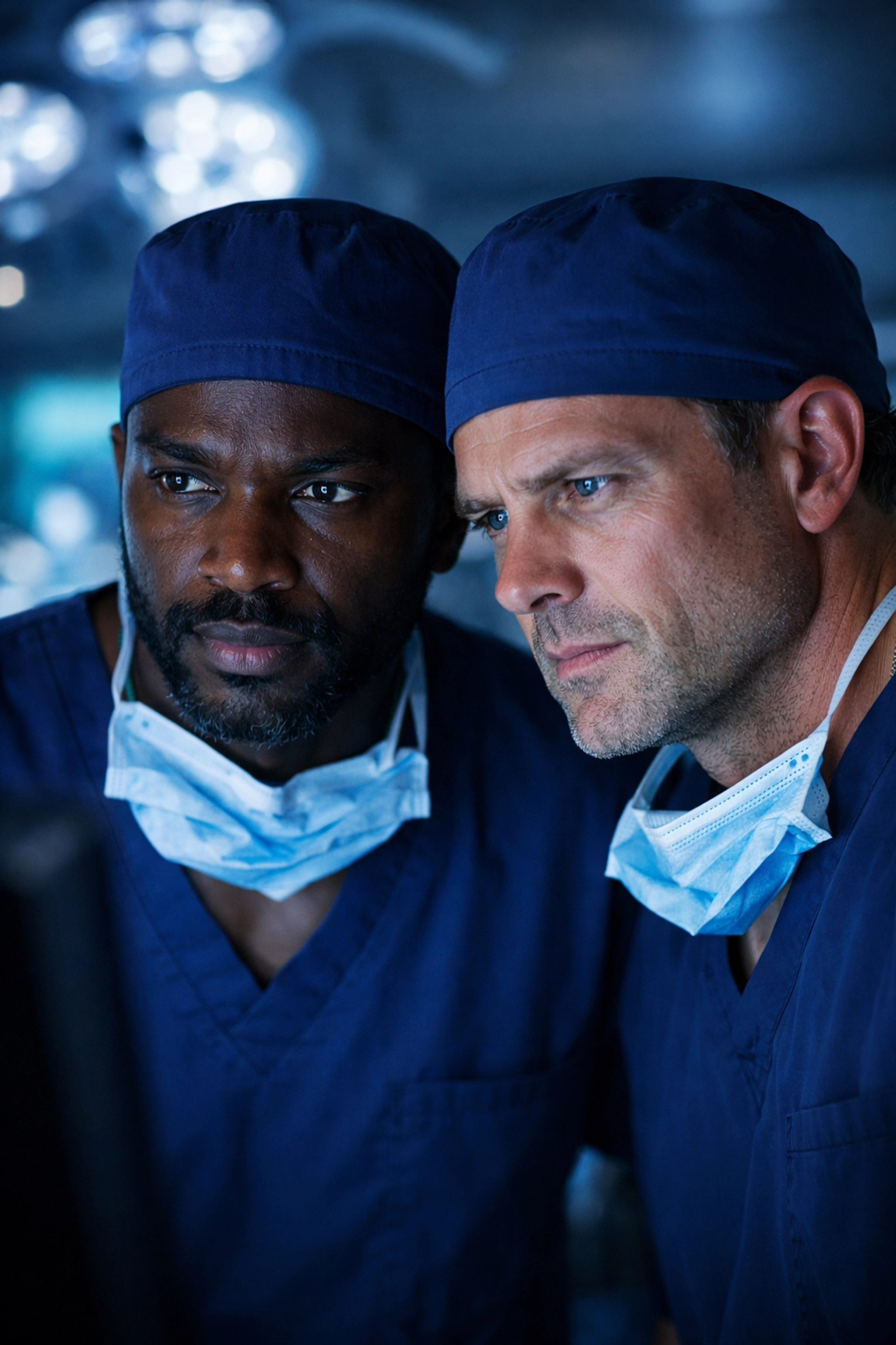 Two gay surgeons in blue scrubs sharing an intense moment in a high-tech operating room.