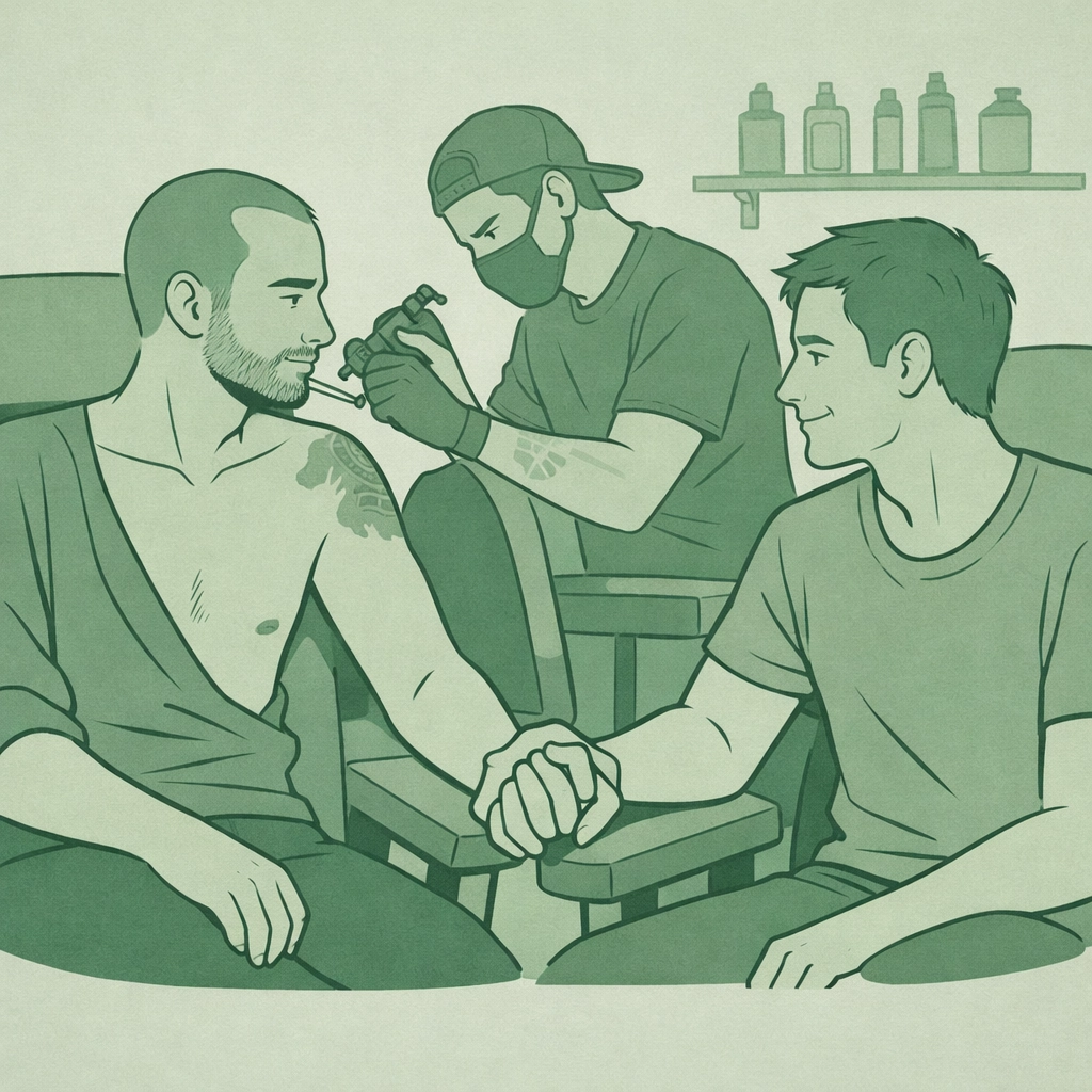 Gay couple holding hands during simultaneous matching tattoo session