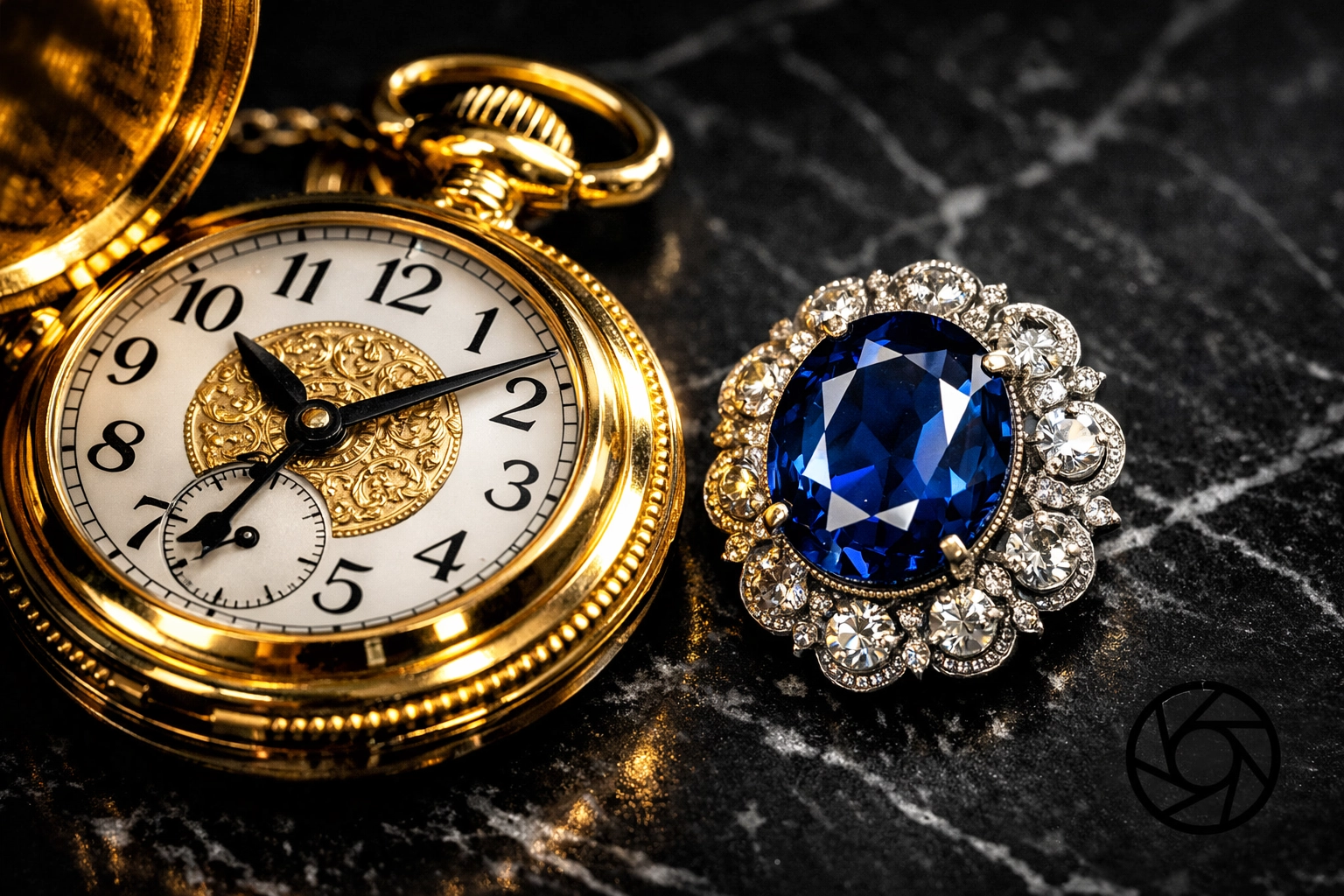 Professional photography of a vintage gold watch and brooch for estate liquidation in Columbus, Ohio.