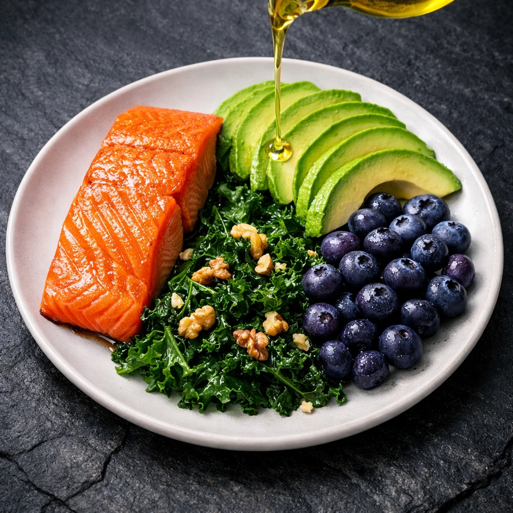 A healthy longevity meal plate with salmon, avocado, and kale to fight chronic inflammation.