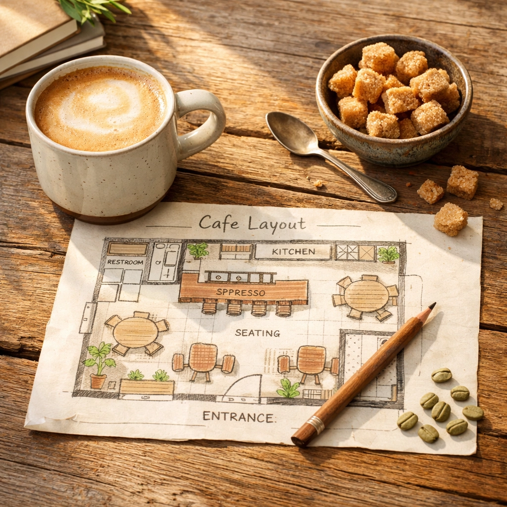 A handwritten floor plan for setting up a coffee shop on a wooden table next to a fresh latte.