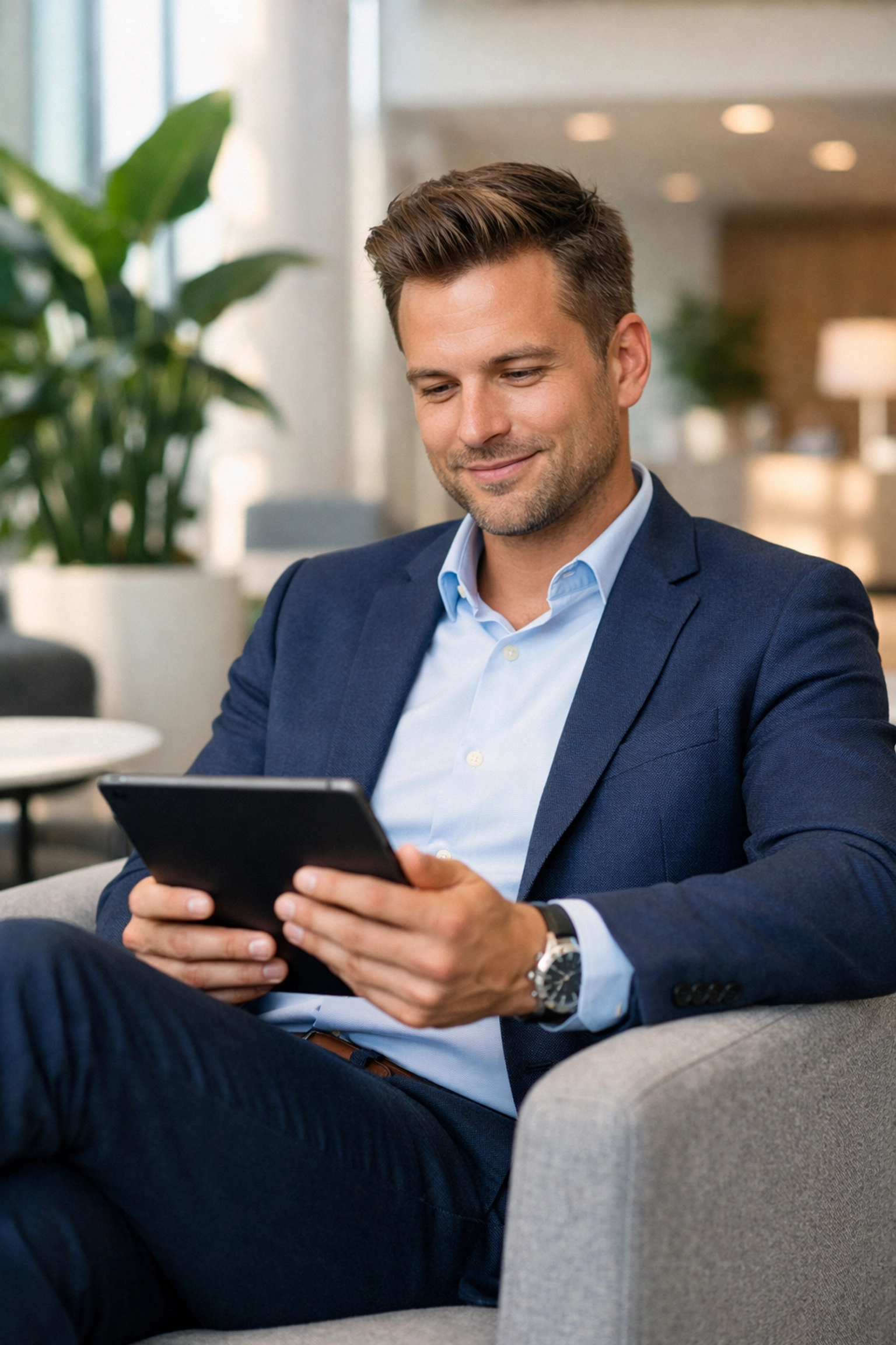 Professionele specialist met een tablet in een moderne kantooromgeving voor een positieve kandidatenervaring.