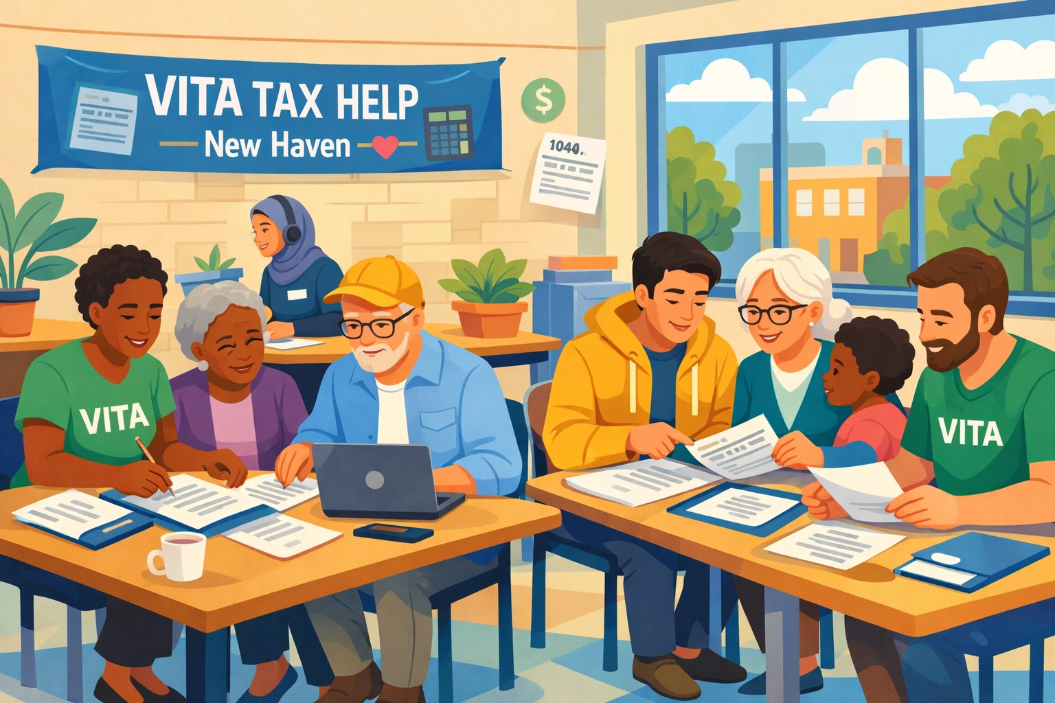 VITA volunteers providing free tax assistance to New Haven taxpayers at community center