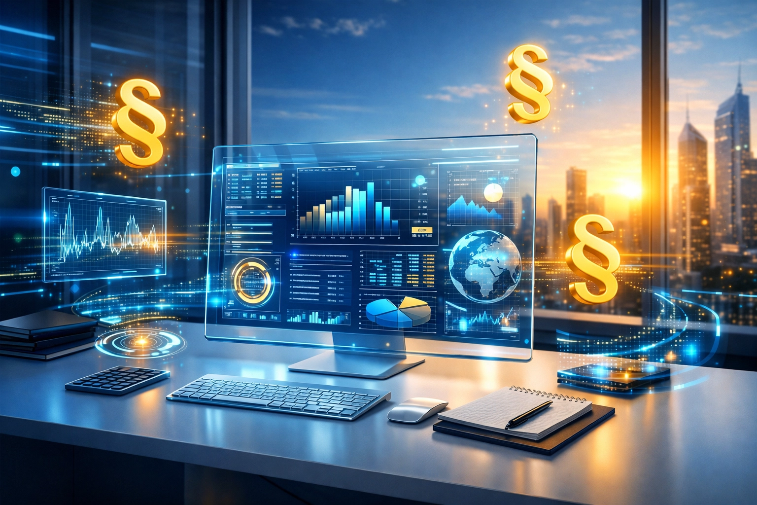 Moderner digitaler Arbeitsplatz für Steuerberater mit schwebenden Daten-Hologrammen und KI-Unterstützung.