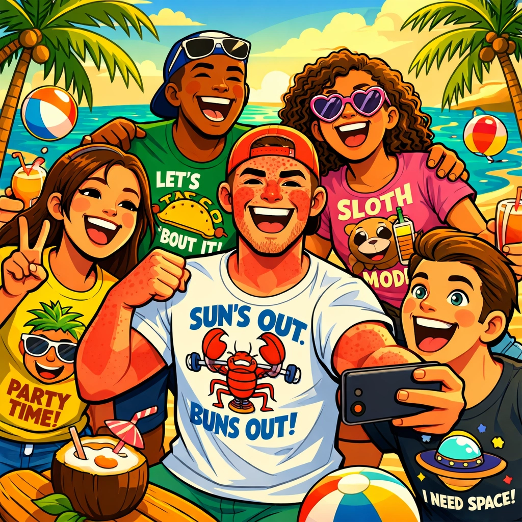 Spring break friends wearing funny graphic t-shirts at beach party despite sunburn