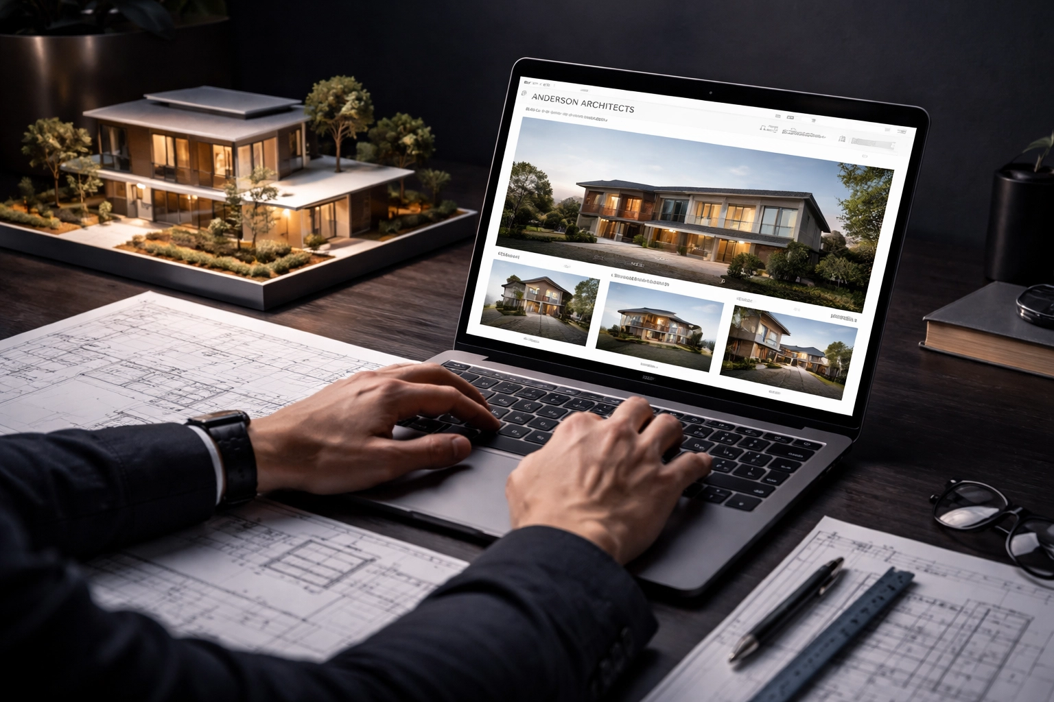 Architect at work updating a digital portfolio with project images and drawings in a modern Brisbane studio